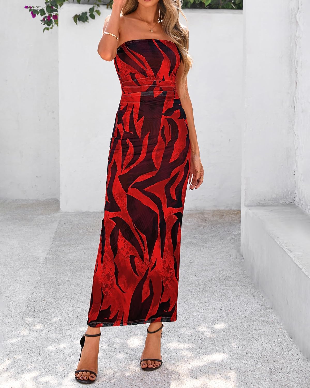 BTFBM Women Summer Strapless Maxi Dress 2026 Bodycon Floral Long Wedding Guest Dress Formal Tube Mesh Cocktail Dresses - Image 7