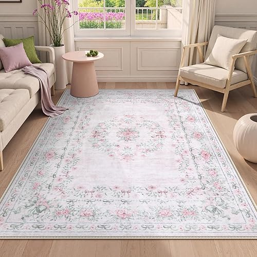 Miniatura 9 de Wonnitar Alfombra rosa con lazo floral para dormitorio, alfombra lavable de 5 x 7 pies para niñas, guardería, ultra fina, antideslizante, suave,