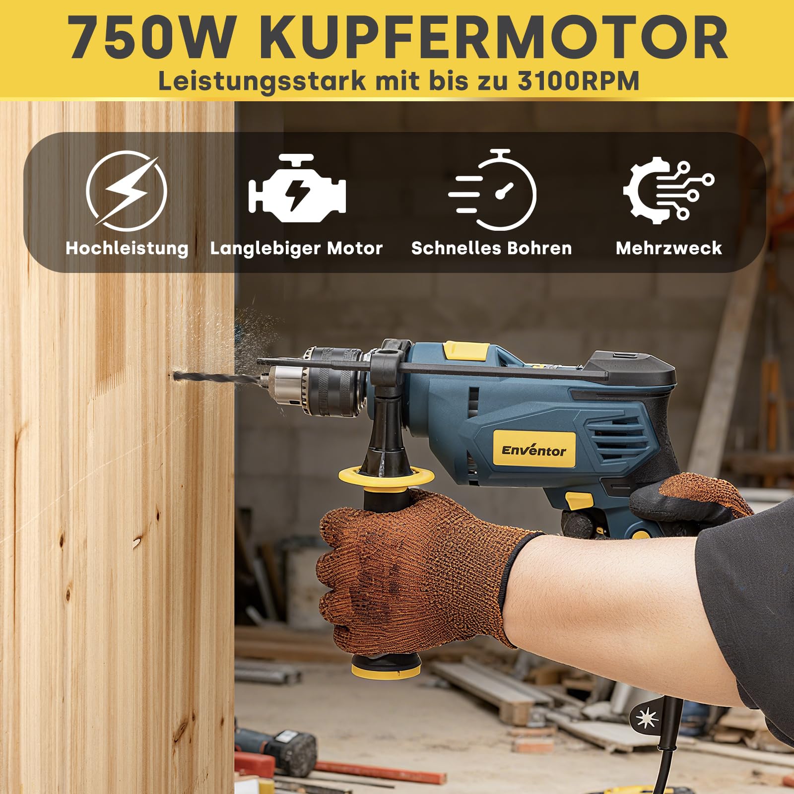 Enventor 750W Schlagbohrmaschine, Elektrische Bohrmaschine mit 9 ​​Stück Bohren, elektr. Drehzahlregelung, 360° Zusatzgriff, (Max. Bohr-Ø: Holz: 25 mm, Beton: 13 mm, Metall: 10 mm)