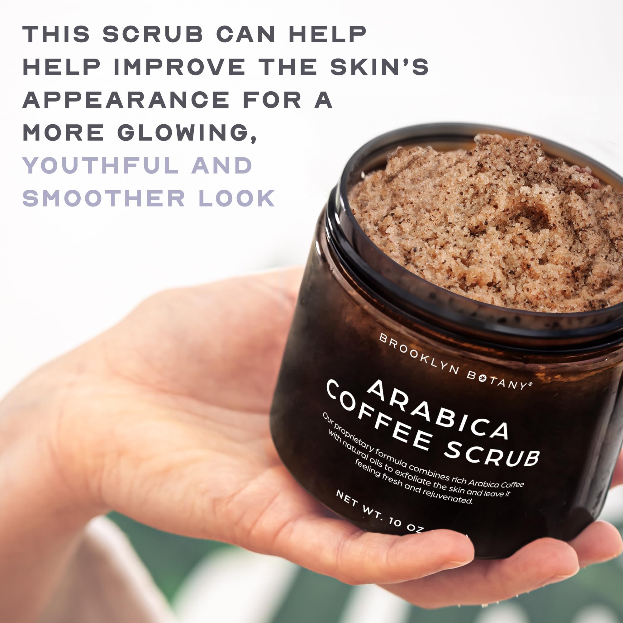 Brooklyn Botany Arabica Coffee - Exfoliante corporal hidratante y exfoliante para cuerpo, cara, manos, pies, combate las estrías, líneas finas, arrugas, grandes regalos para mujeres y hombres, 10