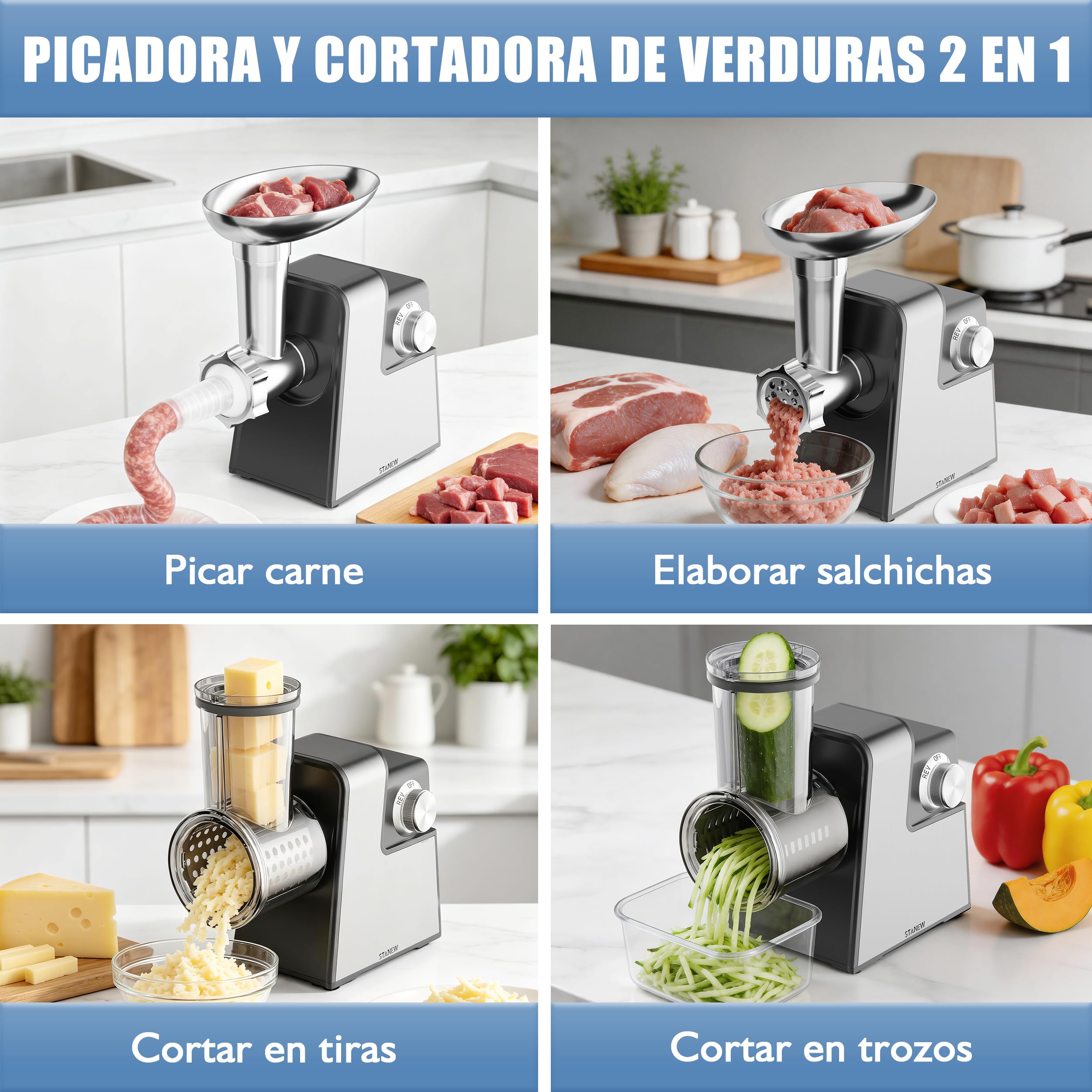 Picadora de carne eléctrica de 2500 W profesional con 5 cuchillas inoxidables, multifuncional, rallador, accesorio completo, diseño compacto para preparaciones caseras