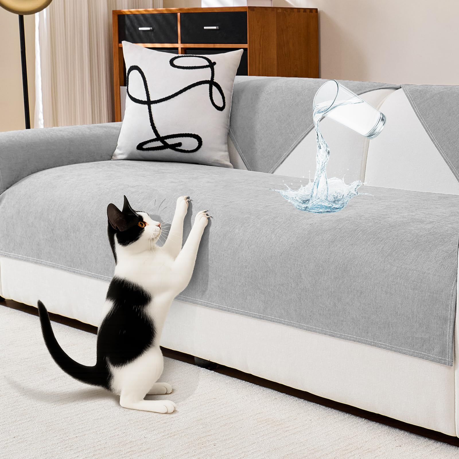 DeepDream Wasserdicht Sofa Überzug Chenille Sofabezug, Kratzfest Hund Katze Sofaschoner, Rutschfester Sofa Cover Couch Überzug 2 3 4 Sitzer für U Form L Form Sektionssofa (Grau, 90 * 120cm)