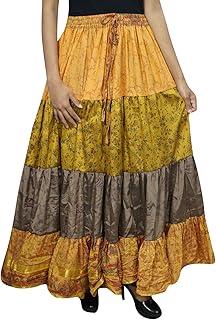 Mogul Interior Womens Maxi Skirt Sari Orange Boho Festival Tiered Flare Skirts OneSize