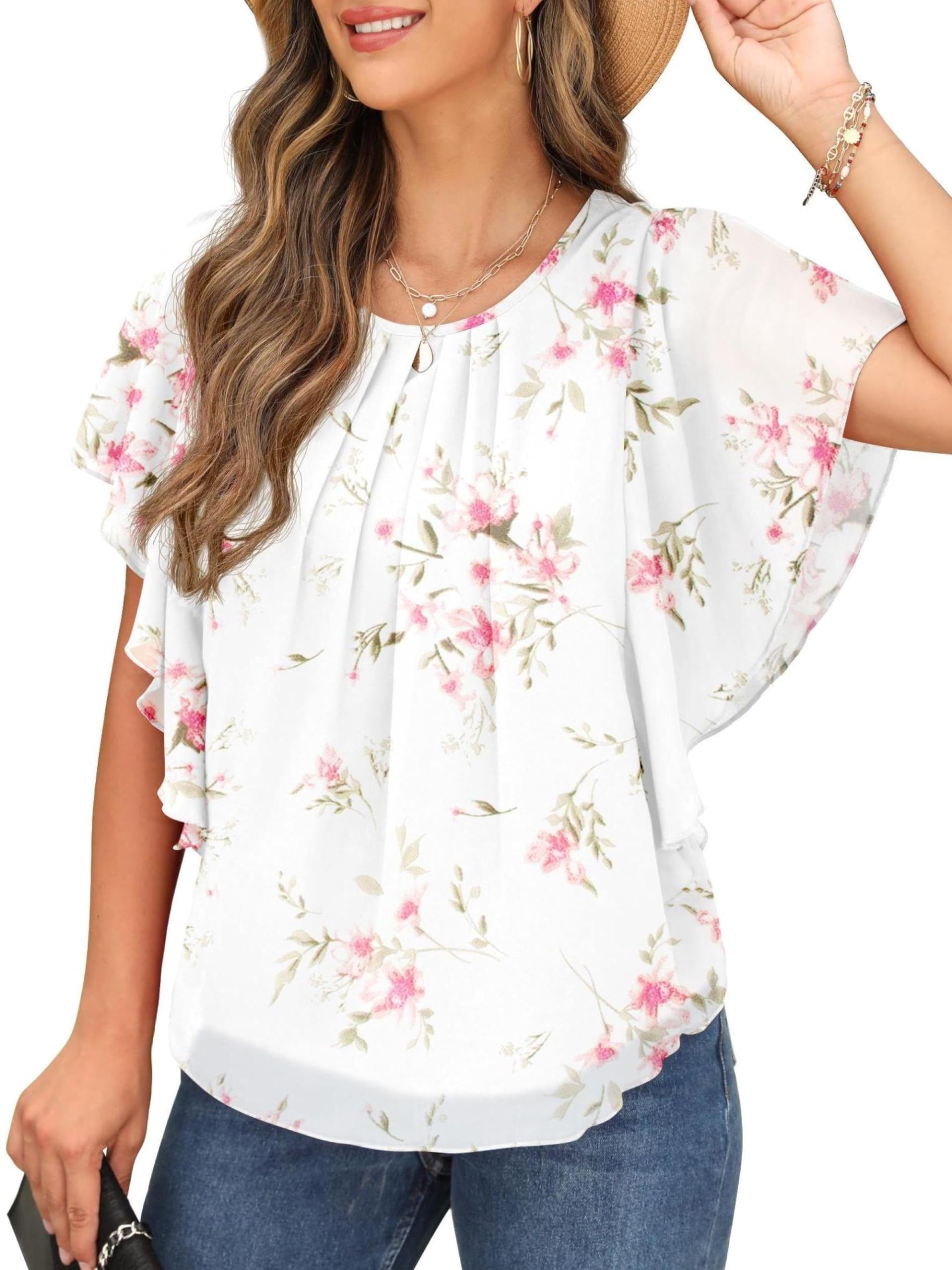 QIXING Chiffon Kurzarm Bluse Damen Sommor Top Damen Elegant Rundhals-Ausschnitt Batwing Sleeve T Shirt Fledermausärmel Tunika