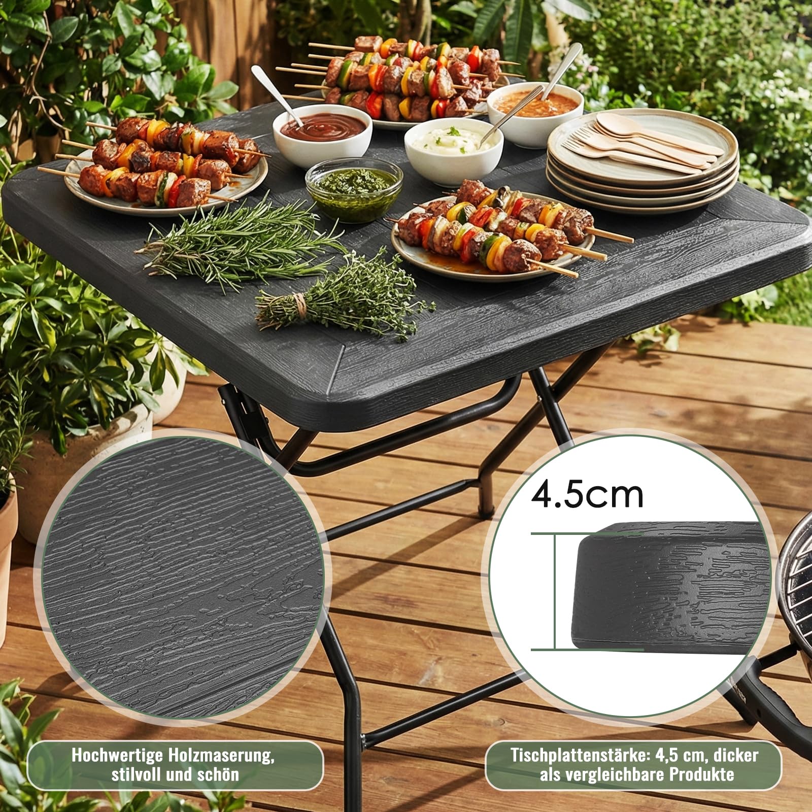 Clevich Gartentisch Holz-Optik, quadratisch, Gartentisch klappbar, HBT: 74x80x80cm, Balkontisch mit Stahlrahmen Beine, Hochstabiler Campingtisch, Wetterfest, Pflegeleicht, für Balkon, Garten &Terrasse