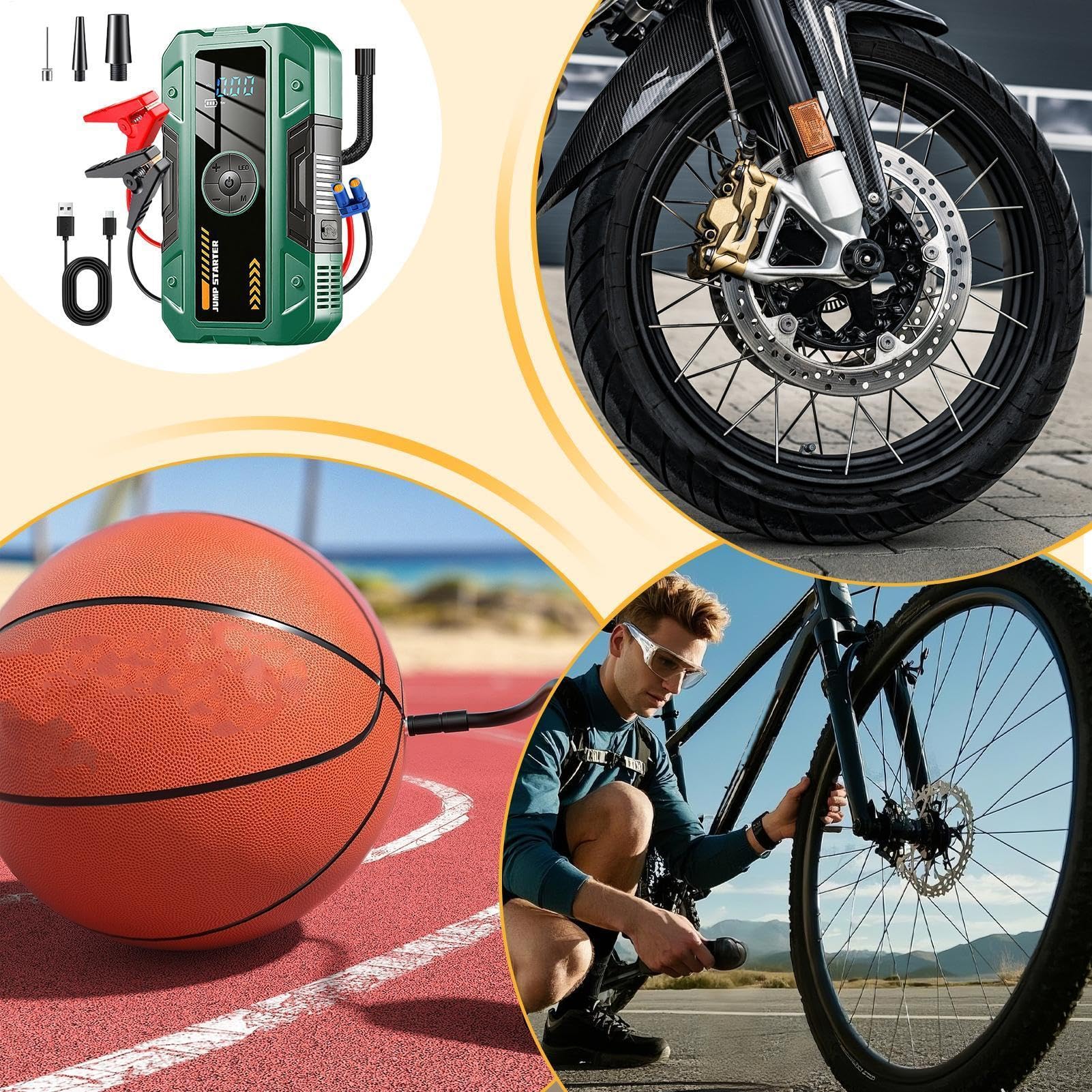 Pompa ad aria | con luce ricaricabile | Avviatore di emergenza con compressore d'aria – per veicoli automobilistici bici pneumatici palla viaggio viaggio viaggio campeggio escursionismo arrampicata