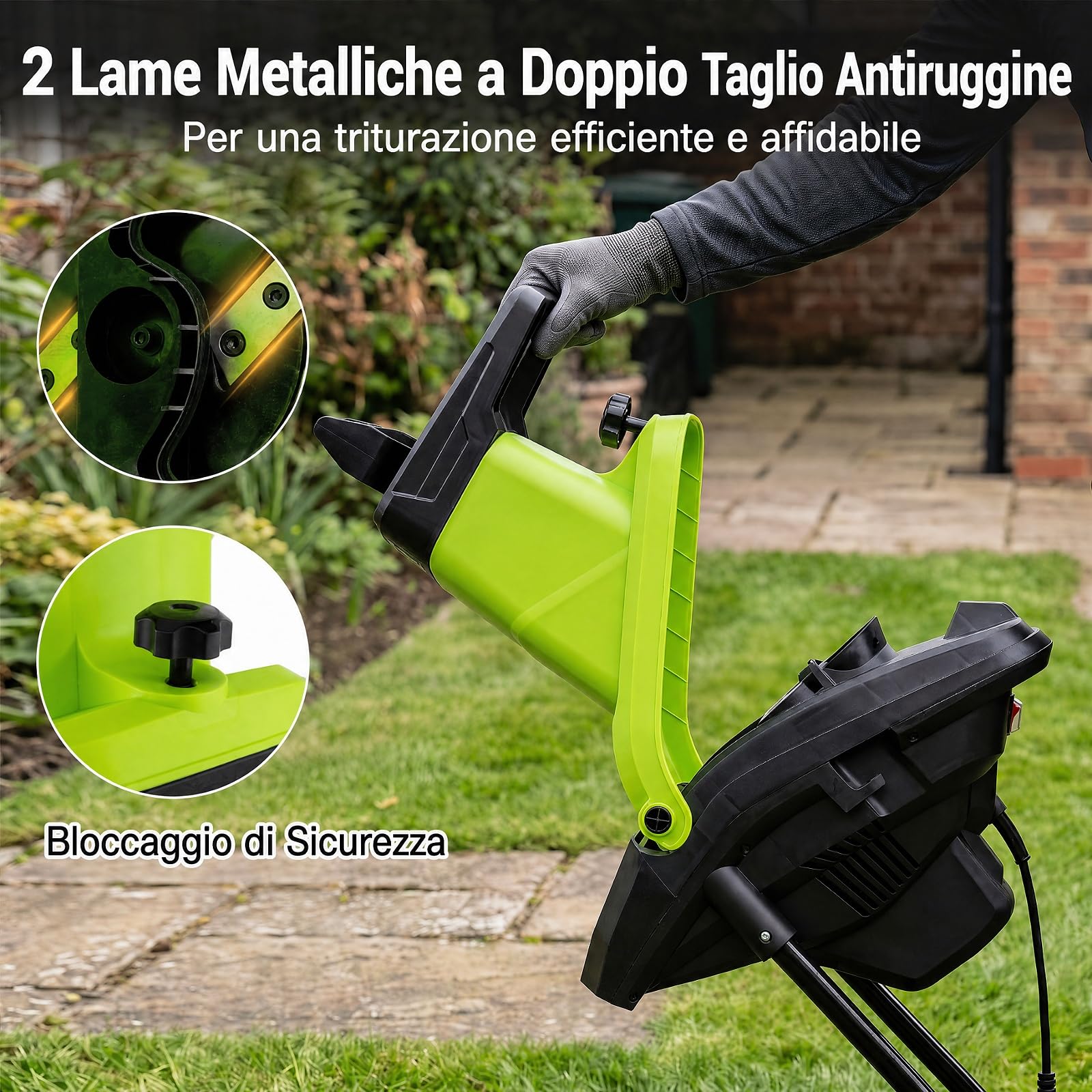 COSTWAY Biotrituratore Elettrico 2500 W, Cippatore Trita Legno (Verde) | Trinciatrice da Giardino a Rullo per Rami e Arbusti 45 mm con Sacco 50 L, Lame a Doppio Taglio, Pala Spingirami e Maniglia