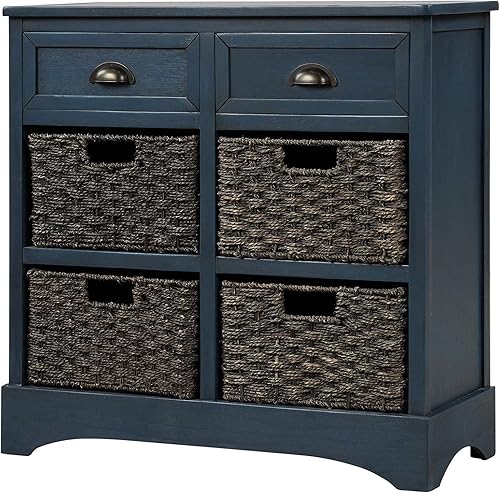 Miniatura 5 de Rockjame Armario de almacenamiento rústico, mesa consola con dos cajones y cuatro cestas de tela clásica para cocina, comedor, entrada y sala de