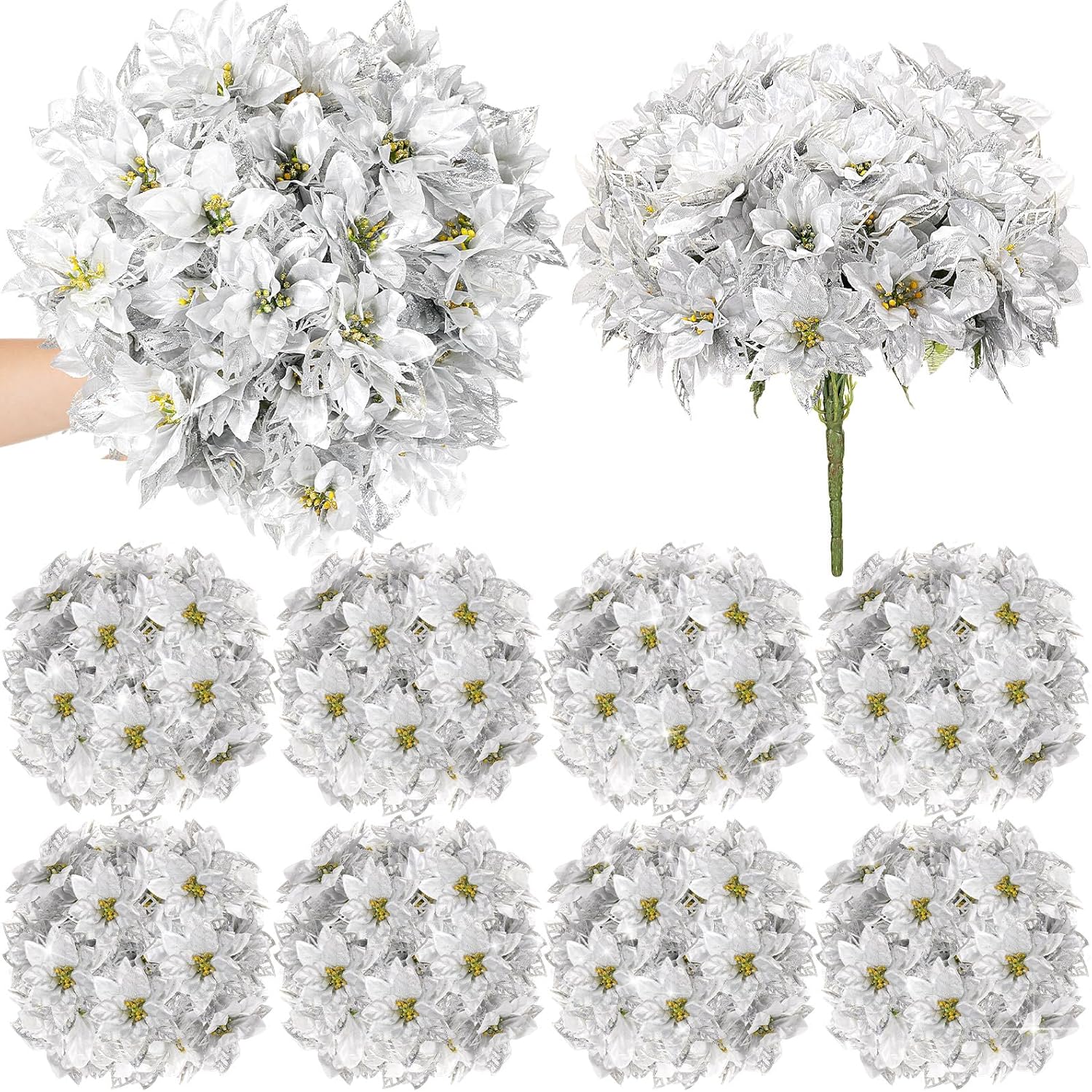 Zeyune 12 Pcs 7 Heads Christmas Artificial Poinsettia Glitter Silver Poinsettia Bouquet Faux Bush Flowers Decorations for Indoor Outdoor Xmas Tree Ornament Home Porch Party