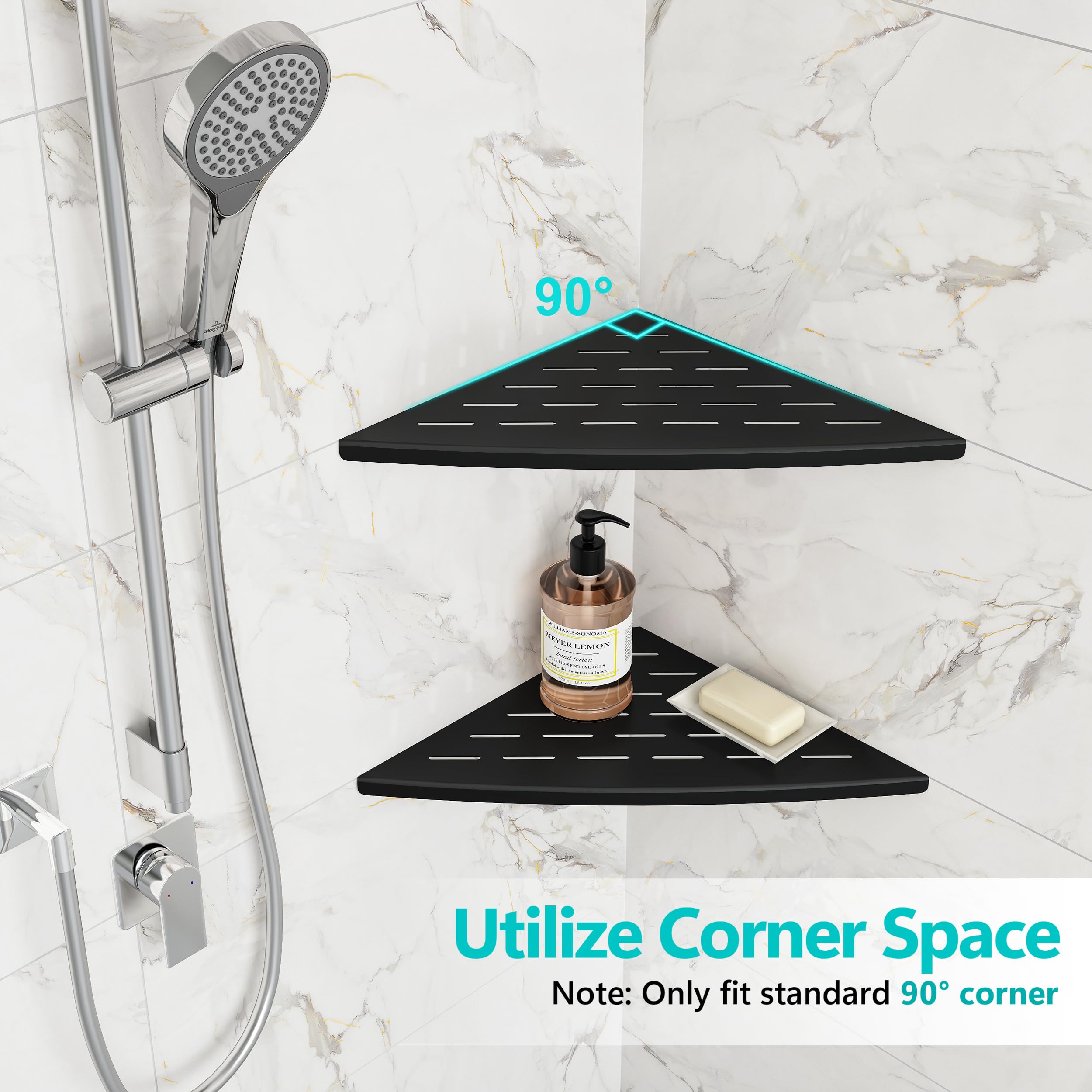 Qeke Estante de ducha esquinero negro mate, acero inoxidable 304 de 11.5 pulgadas, estante esquinero empotrado para pared de azulejos, estantes flotantes de ducha, soporte para champú, sin taladrar
