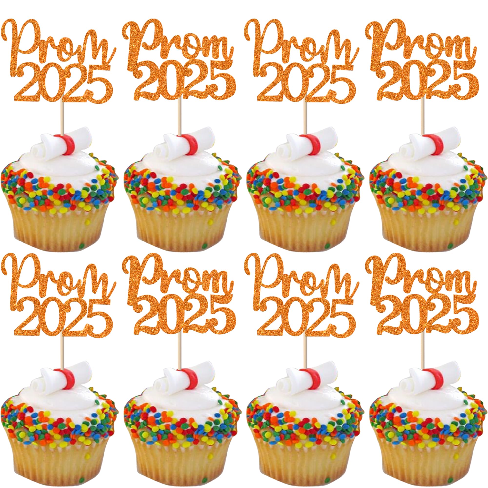 24 Pack Prom 2025 Graduation Cupcake Toppers Glitter 2025 Prom College Cupcake Picks for Congrats 2025 Graduation Class of 2025 Theme School Party Cake Decoration Supplies Orange
