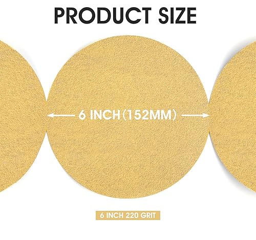 Miniatura 5 de Papel de lija PSA dorado de 6 pulgadas, 100 unidades de discos de lija de grano 220, rollo de papel de lija autoadhesivo con parte trasera adhesiva