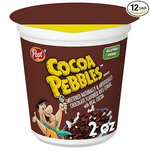 Cocoa PEBBLES Chocolatey Cereal, Gluten Free Rice Crunch, To-Go Snack, 2.0 OZ Individual Cereal Cup (Pack of 12)