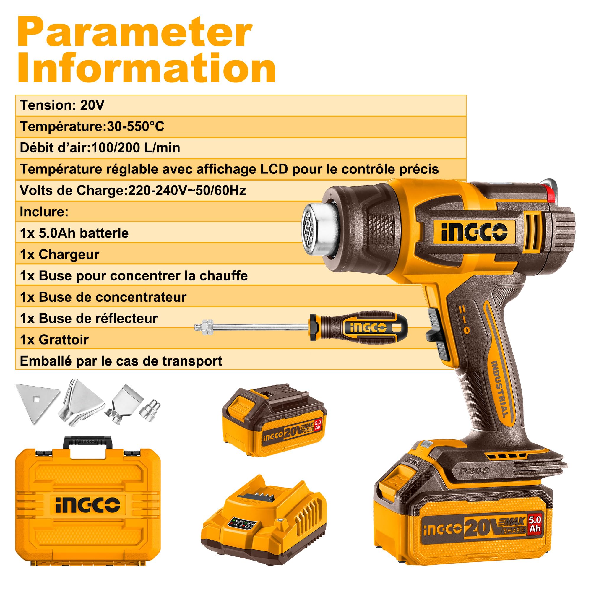 INGCO Pistolet à Air Chaud Sans Fil 20V, Contrôle de Température Variable, 30-550 °C, Affichage Numérique LCD, Decapeur Thermique Portable avec Batterie 5,0 Ah pour Travaux Manuels HGLI20035