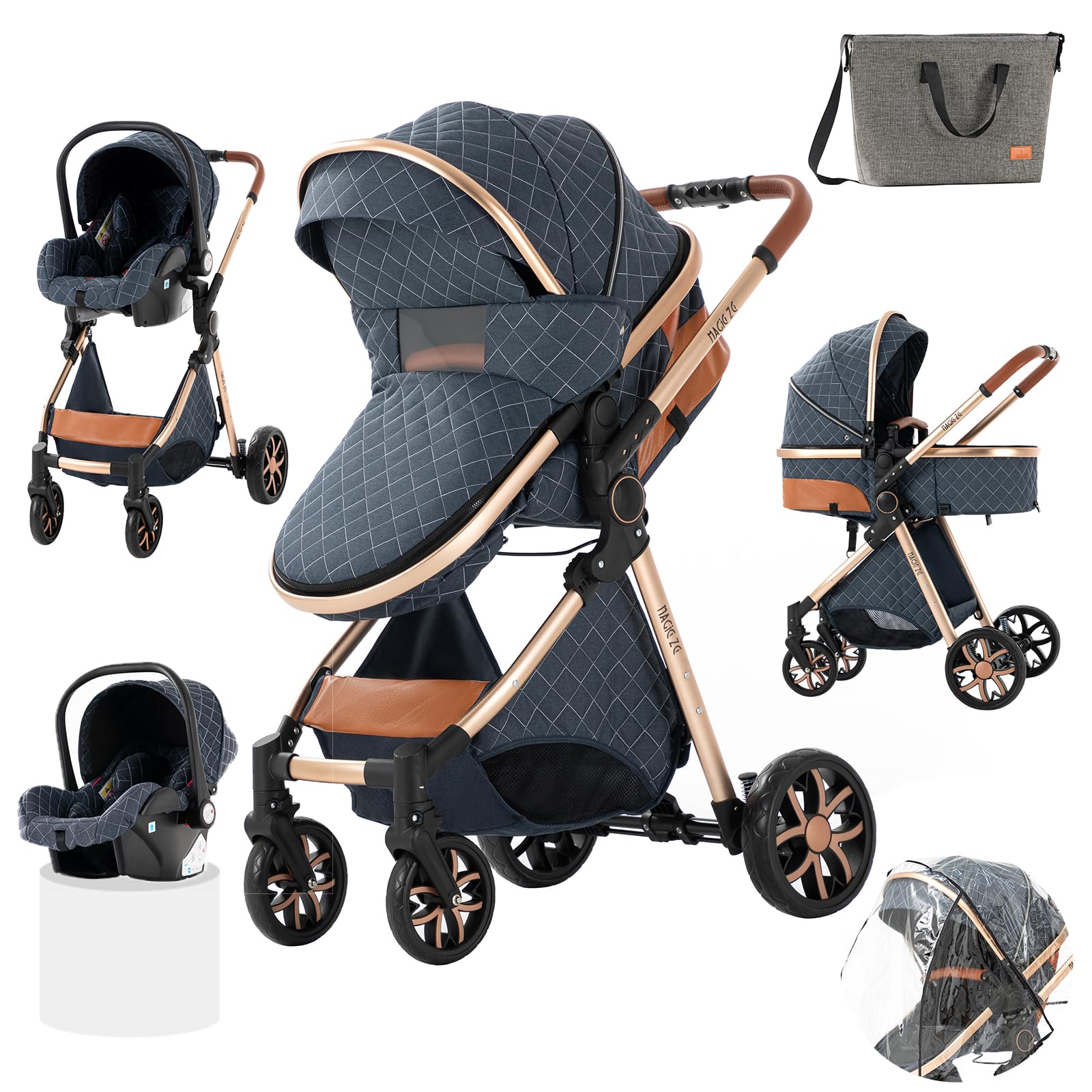Poussette 3 en 1 de Luxe Pour Bébé Avec Berceau Réversible, Supports de Landau Pliants à Un Bouton, Poussette Bébé de Voyage Compacte et Portable（Bleue)