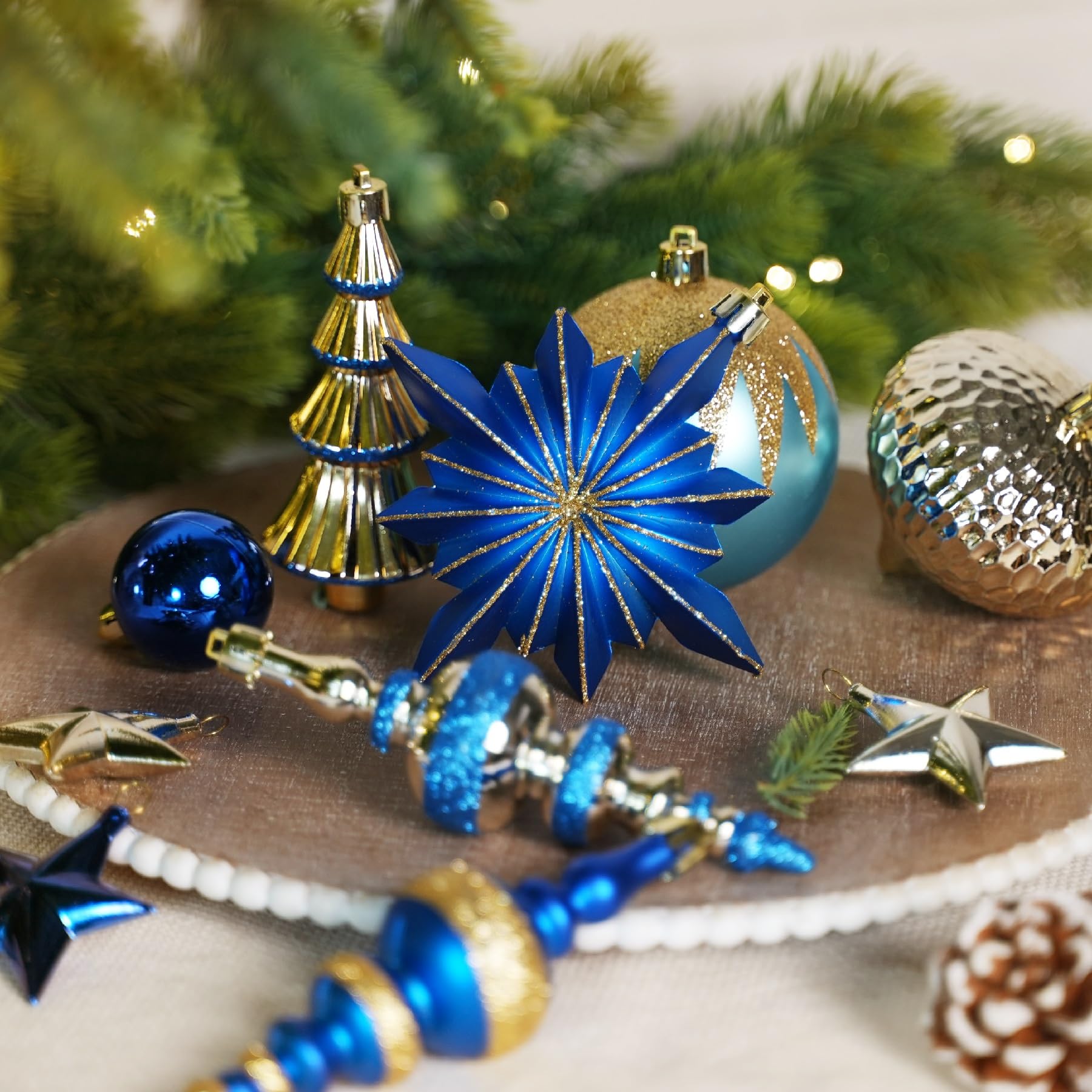 SHareconn Bolas de Navidad, 80 Unidades, 4-12,5 cm, Bolas Doradas de plástico irrompible para Adornos para árboles de Navidad, Decoraciones para Fiestas, con cordón para Colgar, Azul Dorado