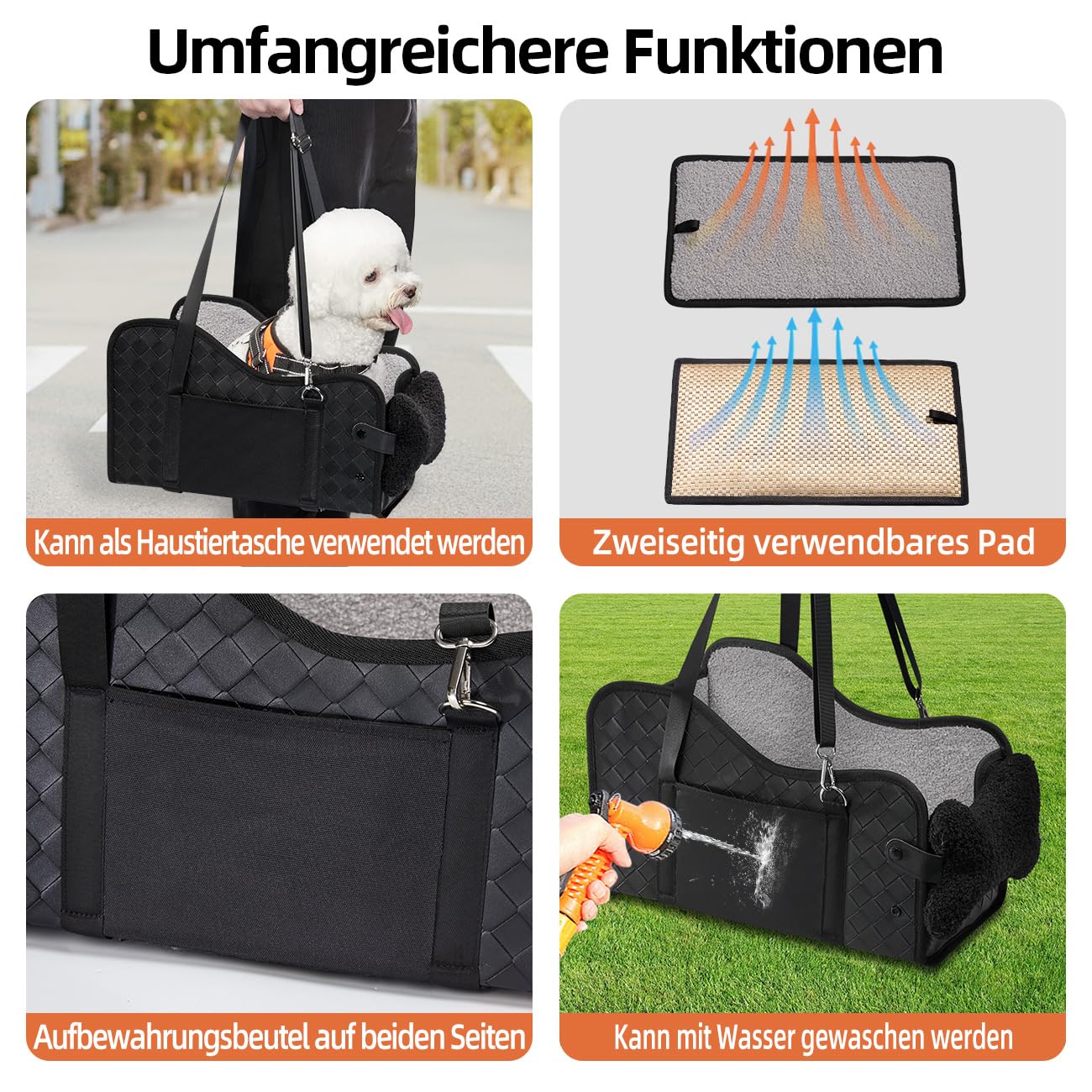 GGW Mittelkonsole Hundesitz für kleine Katzen, wasserdicht, Leder-Schwarz | Doppelte Befestigung, Seitentaschen & Schnellmontage. Passt zu 99% der Mittelarmlehnen.