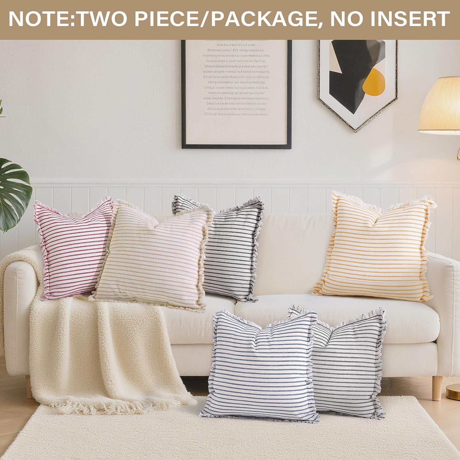 HEAVYWOOD Throw Pillow Covers Striped Boho Cushion Cover with Tassels Fringe Linen Accent Neutral Decorative Pillowcase for Sofa Couch Living Room Home Decor (Blue, 20 * 20)
