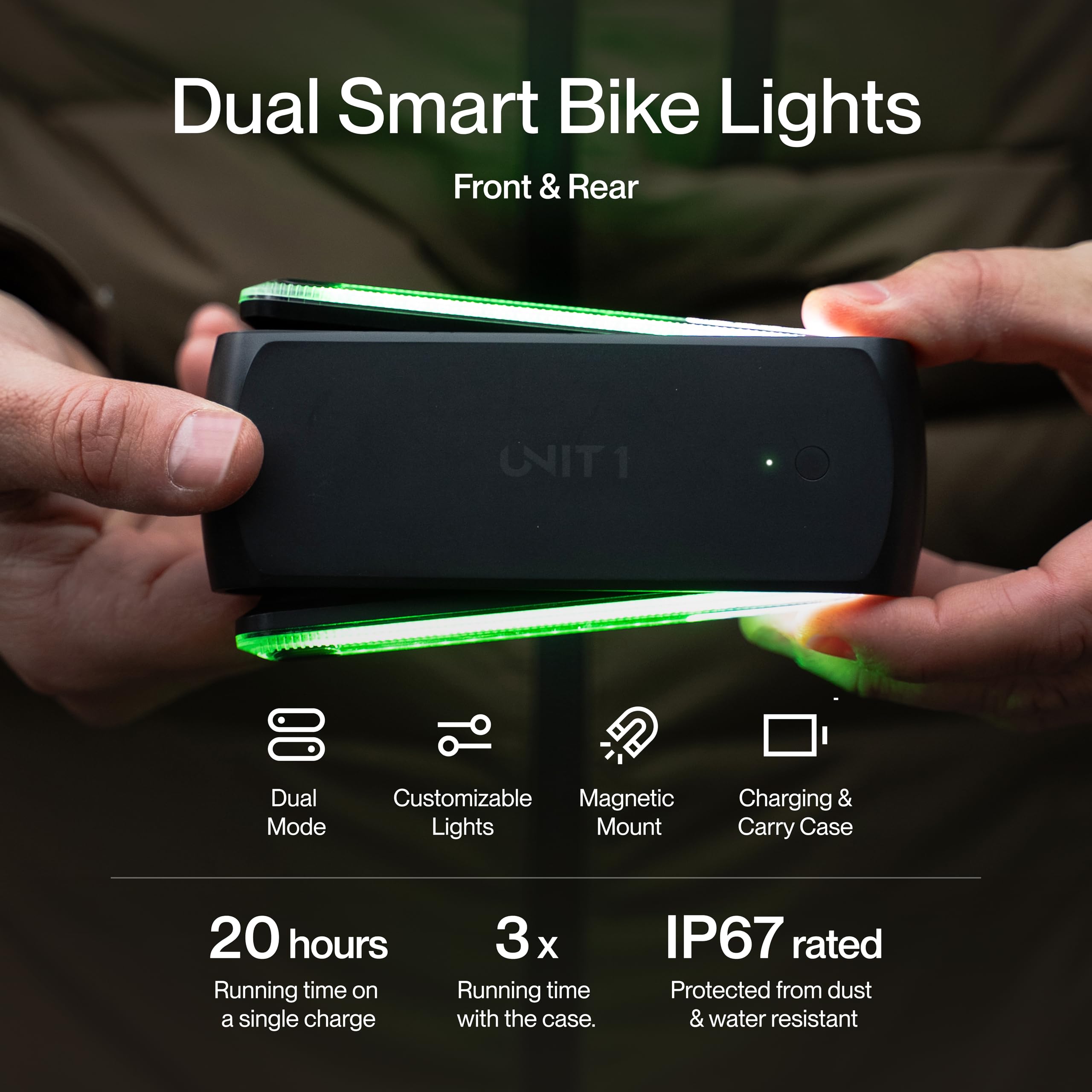 UNIT 1 Smart Light Pro Dual Luci Bici con Custodia di Ricarica | Luci anteriori e posteriori, sincronizzate per frecce e luce stop