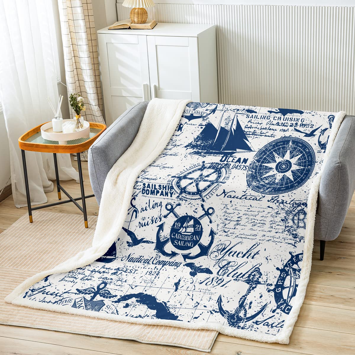 Homemissing Coperta in pile per bambini, con stampa timone e sherpa, per camera da letto, decorazione nautica a tema peluche coperta mare avventura blu sfocato coperta regina 200 x 200 cm