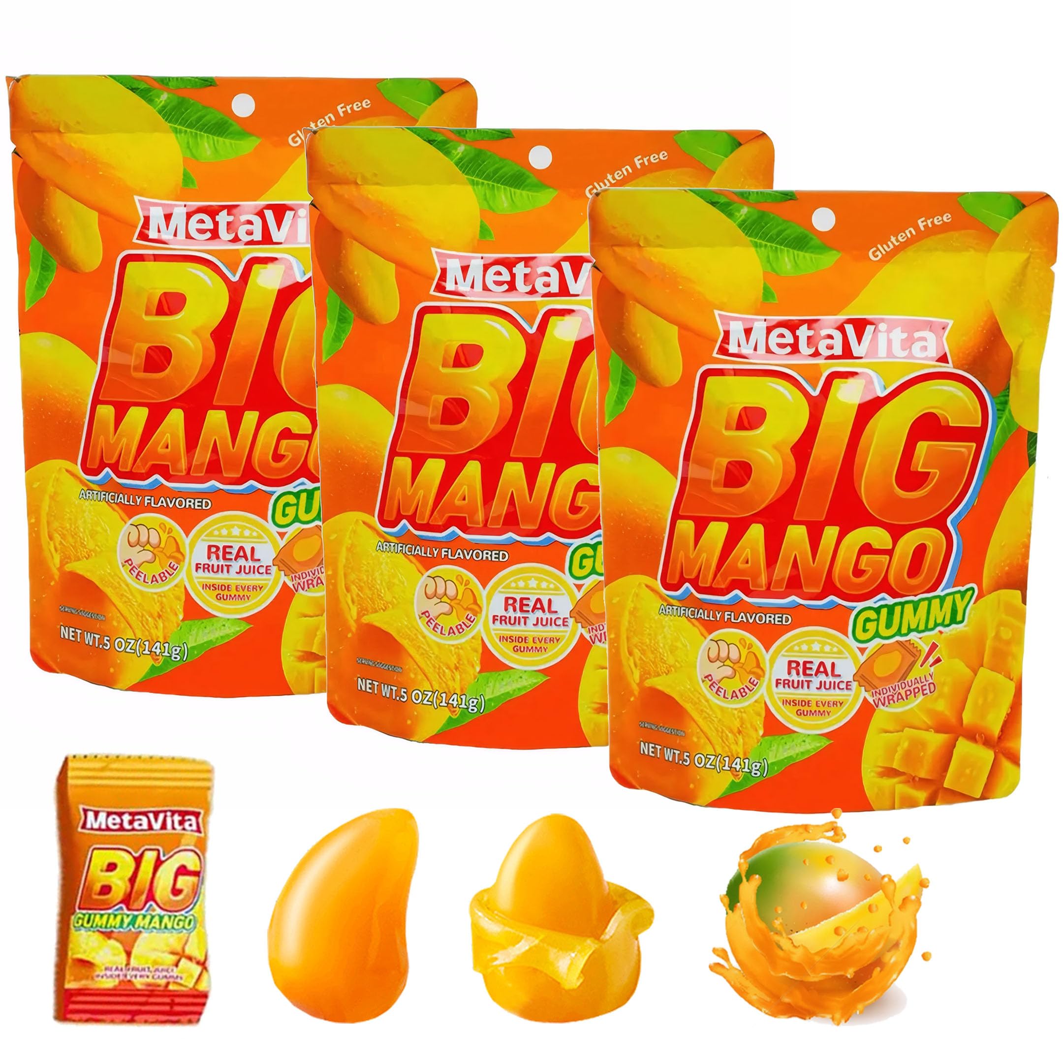 (3 Packs 1LB) MetaVita - Big Peelable Mango Gummy Candy –Individually Wrapped with Real Puree – Chewy Mango Peeling Candy, Gluten-Free