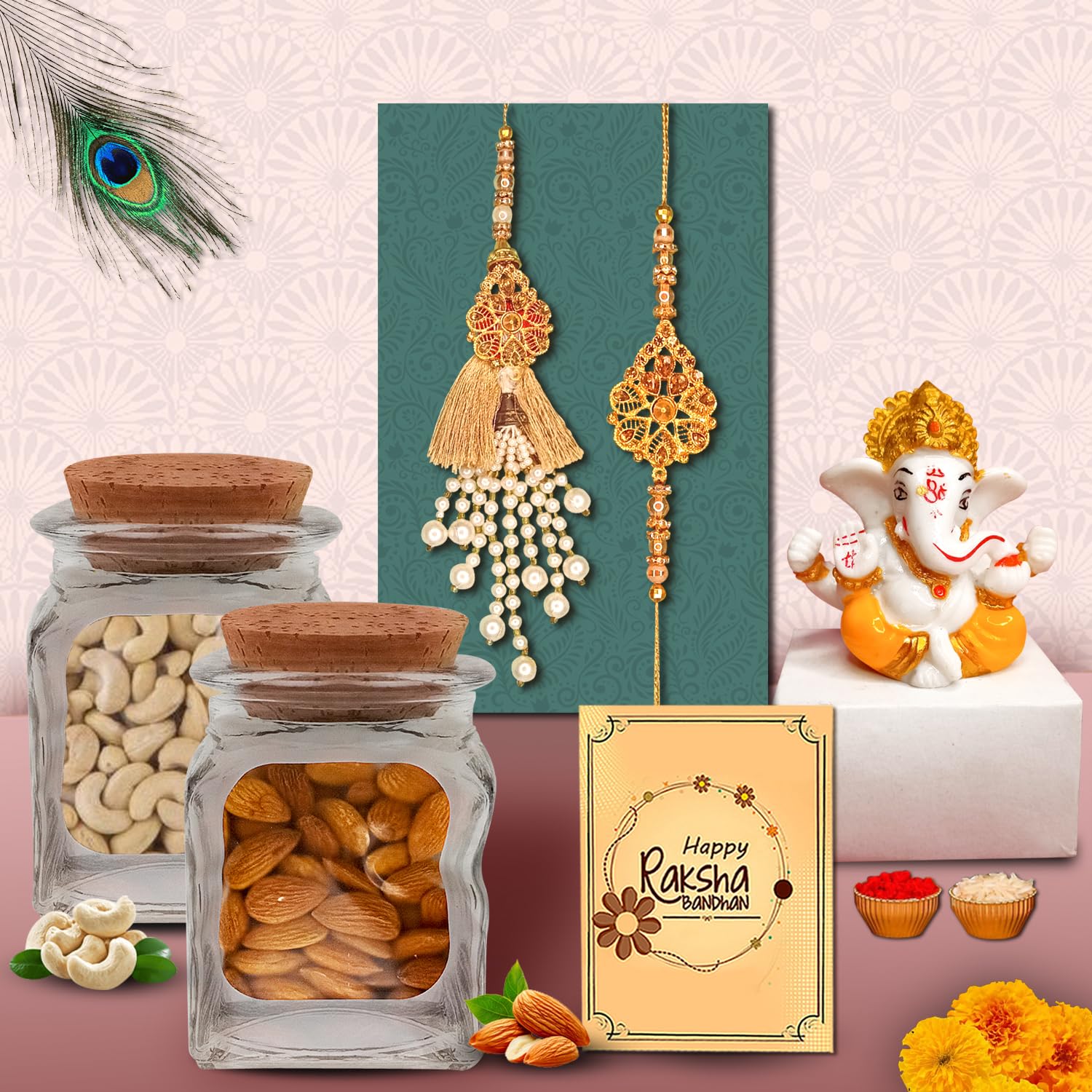 Midiron Premium Lumba Rakhi Gift for Bhaiya and Bhabhi – Raksha Bandhan Healthy Gift Hamper with Designer Couple Rakhi Set, Almonds & Cashews, Ganesh Idol, Roli Akshat & Greeting Card-image-20