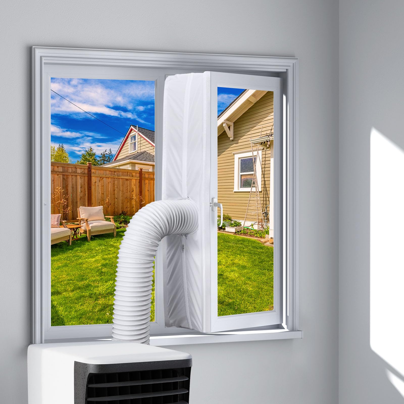 Kit Ventana Aire Acondicionado Portatil 400cm con Cremallera, Lazos de Fijación, Grifo adhesivo, Aislante Aire Acondicionado, Sello Ventana Aire Acondicionado