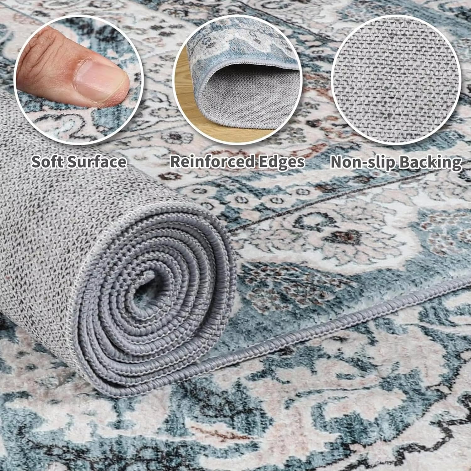 Area Rugs for Living Room, Machine Washable Vintage Rug, Non-Slip Low Pile Throw Rugs with Rubber Backing Washable Carpet 6'x8'(71"x98") Indoor Door mat