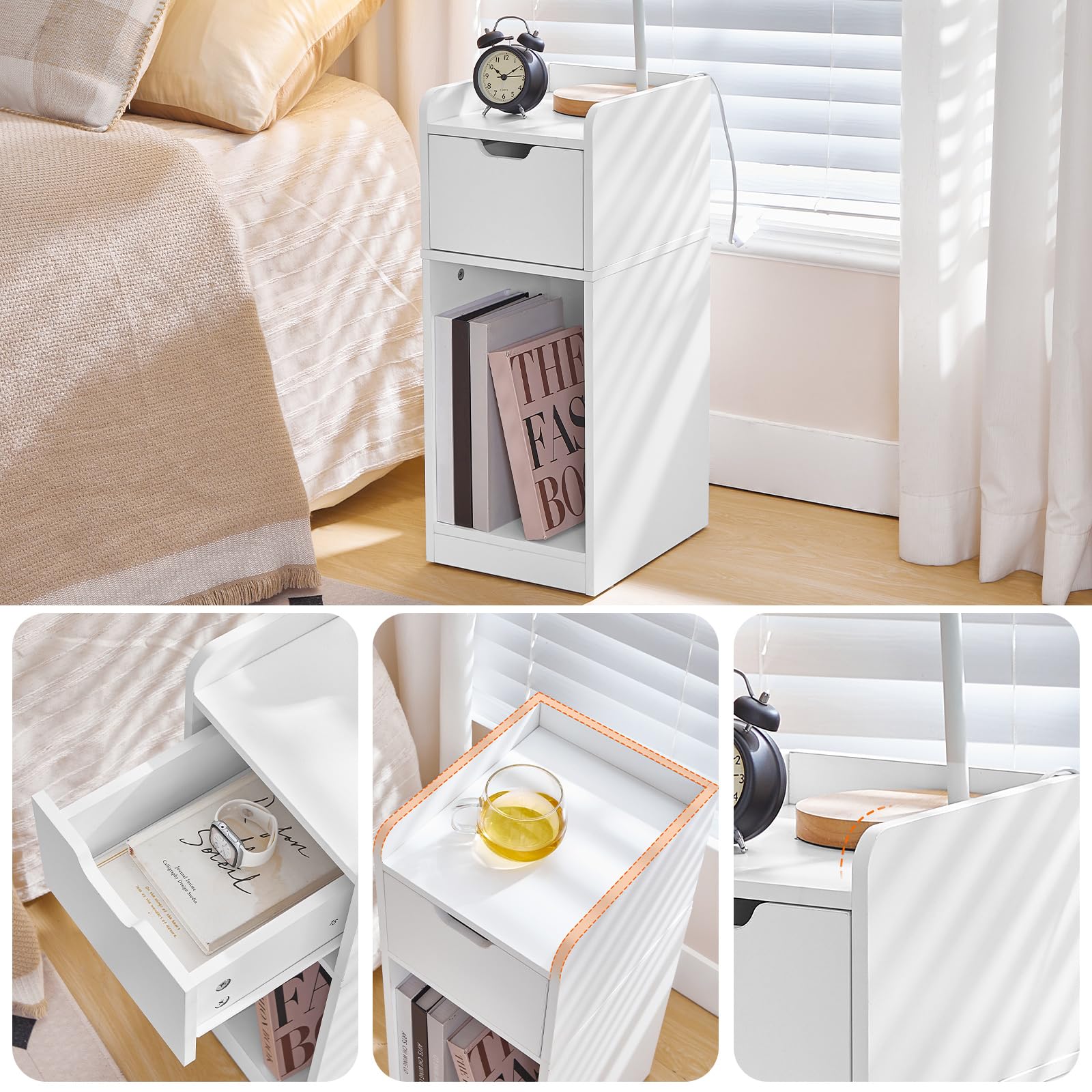 HOOBRO Tables de Chevet Étroites, Lot de 2, Petites Tables Basses avec Tiroir pour Chambre, Bouts de Canapé Ultra-Fins pour Salon, Tables d'Appoint Moderne en Bois, Petits Espaces, Blanc EWT325BZP201