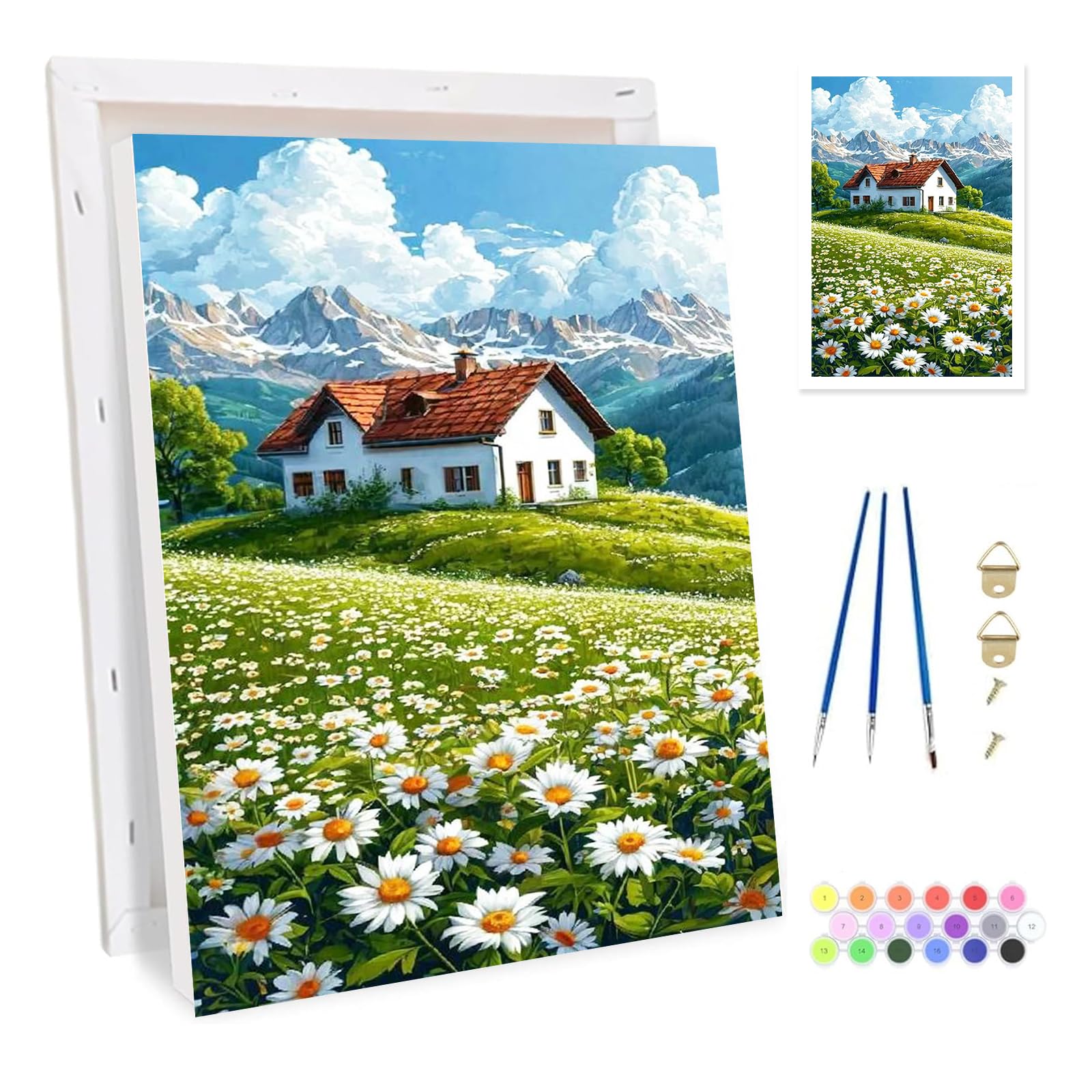 Bowetile Framed Mountain Paint by Numbers for Adults, Village Landscape Painting by Numbers Kit for Adults Beginners Canvas Kit, DIY Color Oil Painting Acrylic Paints for Home Wall Decor 20x30cm