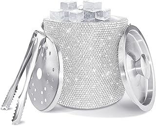 Bling Double Walled Stainless Steel Ice Bucket with Ice Tong & Lid [2 Liter] ，Shiny Insulated Ice Bucket Included Strainer Keeps Ice Cold & Dry, for Home Bar, Chilling Beer, Champagne, Red Wine
