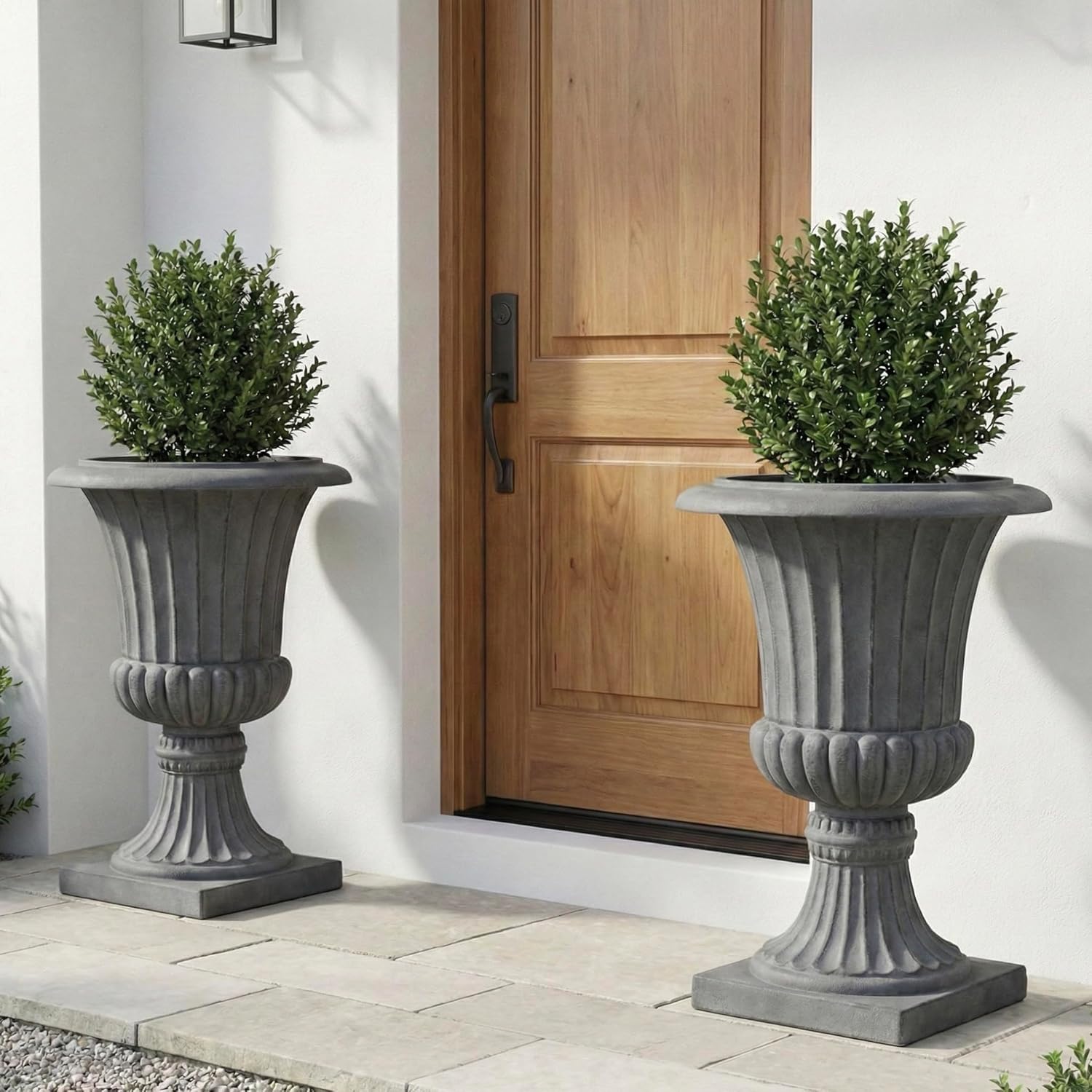 urn planters 22", set of 2, tall stone-resin pedestal planters for outdoor plants, large front porch decor, patio garden pots, outdoor urns for entryway, porch & deck, grey plant pot concrete grey