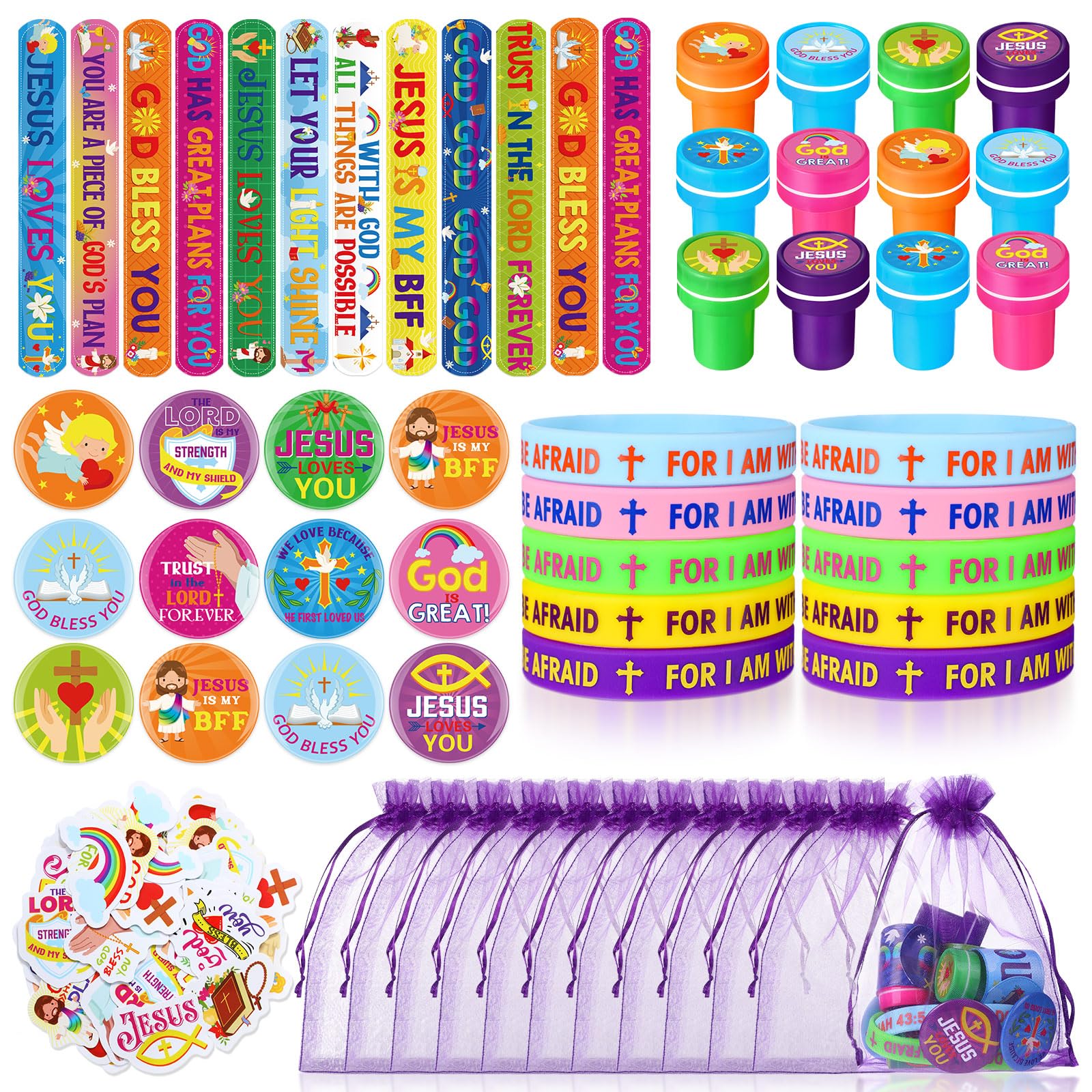 Silipull 110 Pieces Jesus Party Favors for Kids, Bible Verse Slap Bracelets Stickers Stampers Rubber Bracelets Gift Bags Button Pins for Christian