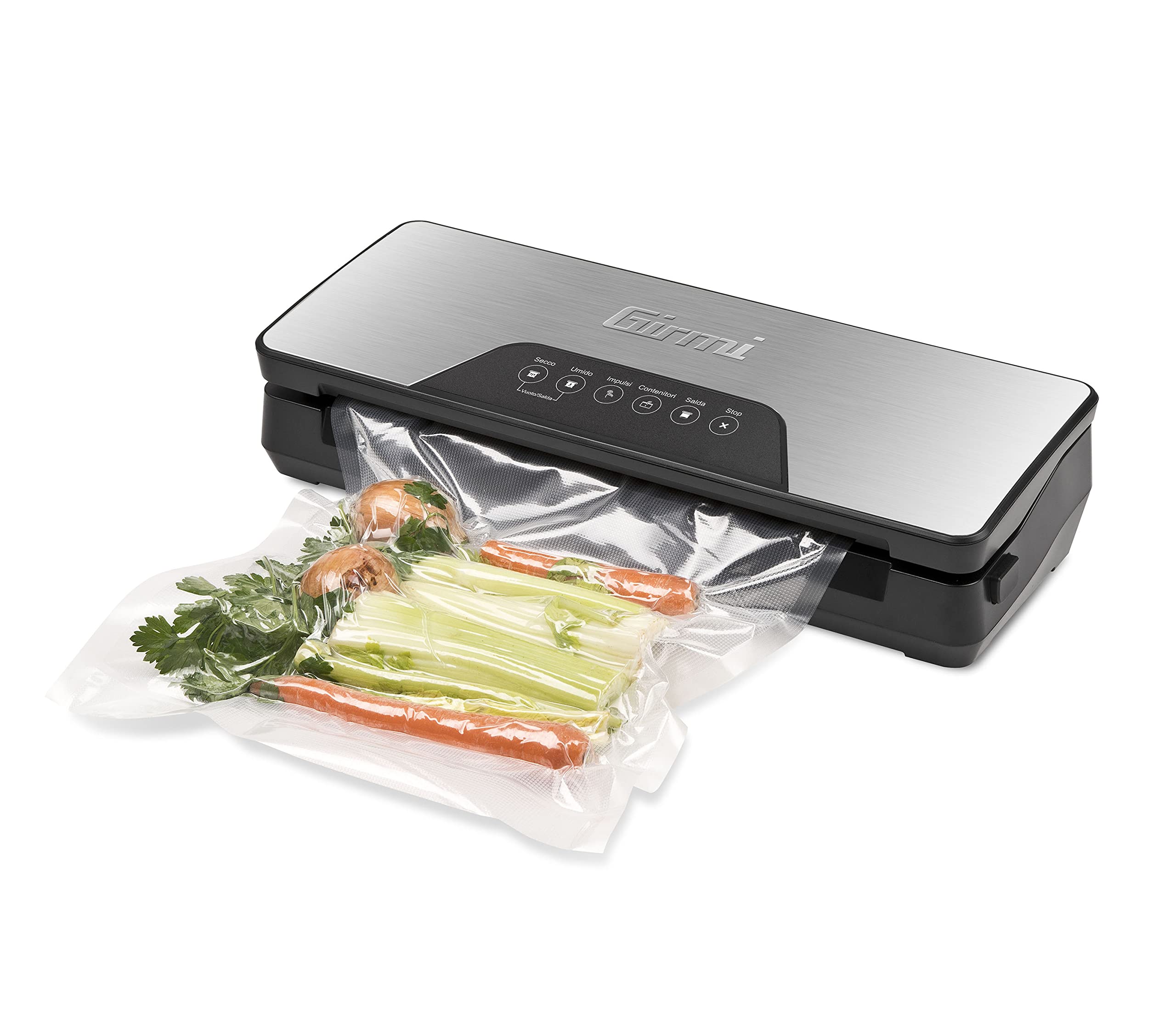 Girmi VT75 Macchina per il Sottovuoto per Alimenti Automatica,130 W, Forza Aspirante -750 mBar, 3 Funzioni sigilla, sottovuoto, contenitori, Panello Soft-Touch, Include rullo, Nero