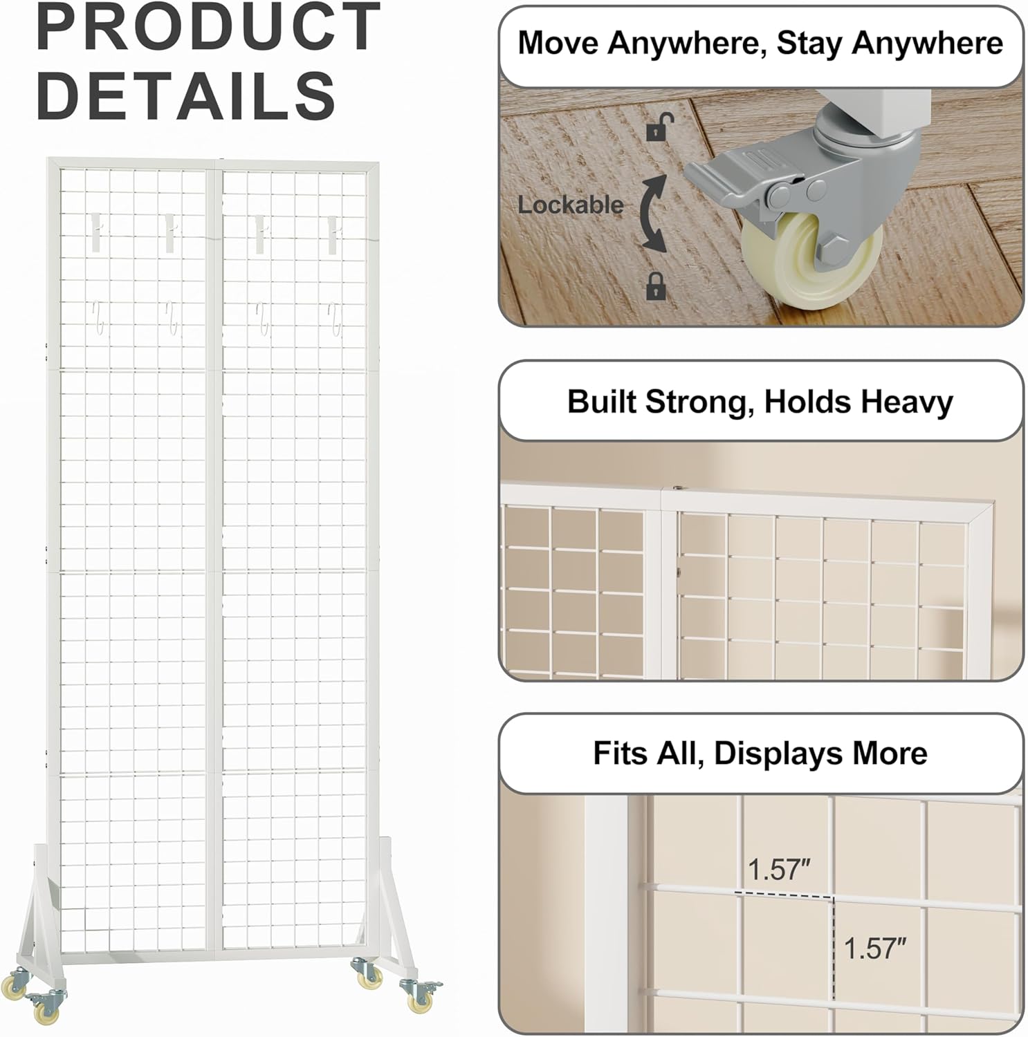 Rolling Gridwall Display Stand, 64.2" H x 23.6" W Wire Mesh Rack with Wheels, Metal Display Grid for Art Shows, Craft Fairs, Retail Boutique & Home Storage, White