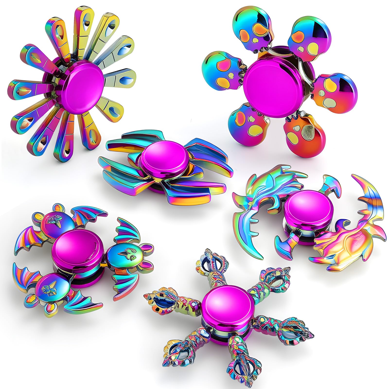 SCIONE Rainbow Metal Fidget Spinners 6 Pack, Nordic Beast Series Alloy Sensory Toys for Stress Relief, 2-3 Min Silent Spin Fidget Pack, Unique Finger Gyro for Kids Adults, School Rewards