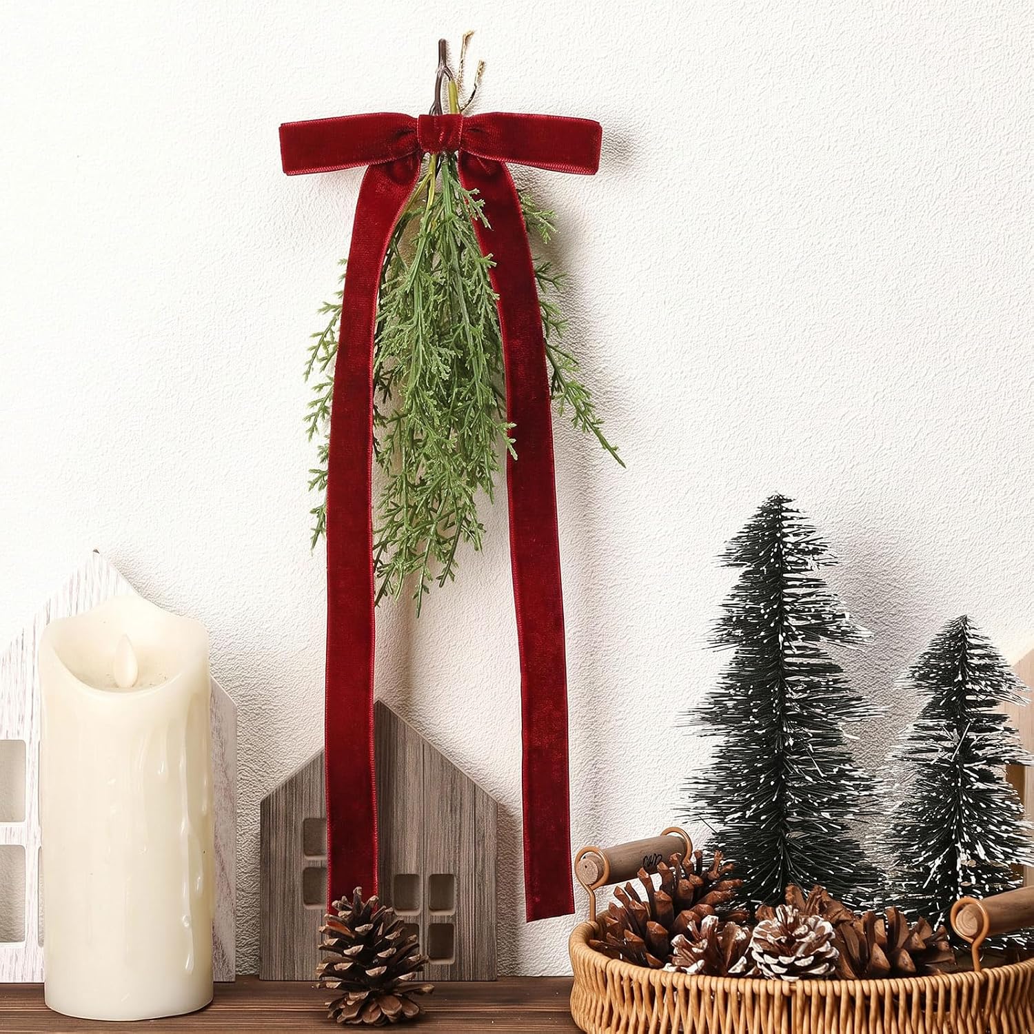 Suncalla 6 Christmas Teardrop Swag Burgundy Velvet Bow 16" Pine Light Decor