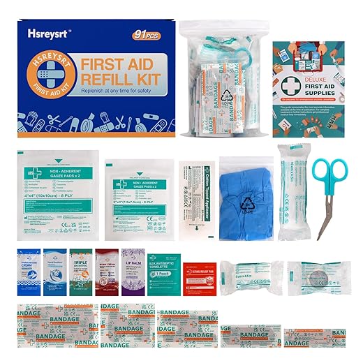 First Aid Refill Kit for Home, Car & Travel, Wound Care Supplies with Scissors, Tweezers, Assorted Bandages & Adhesive Bandages