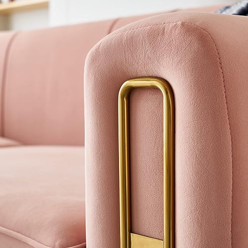 Miniatura 7 de Yoglad Mueble de tela contemporánea de 3 plazas, sofá de terciopelo con rayas profundas, sofá tapizado con brazos cuadrados y patas de metal para