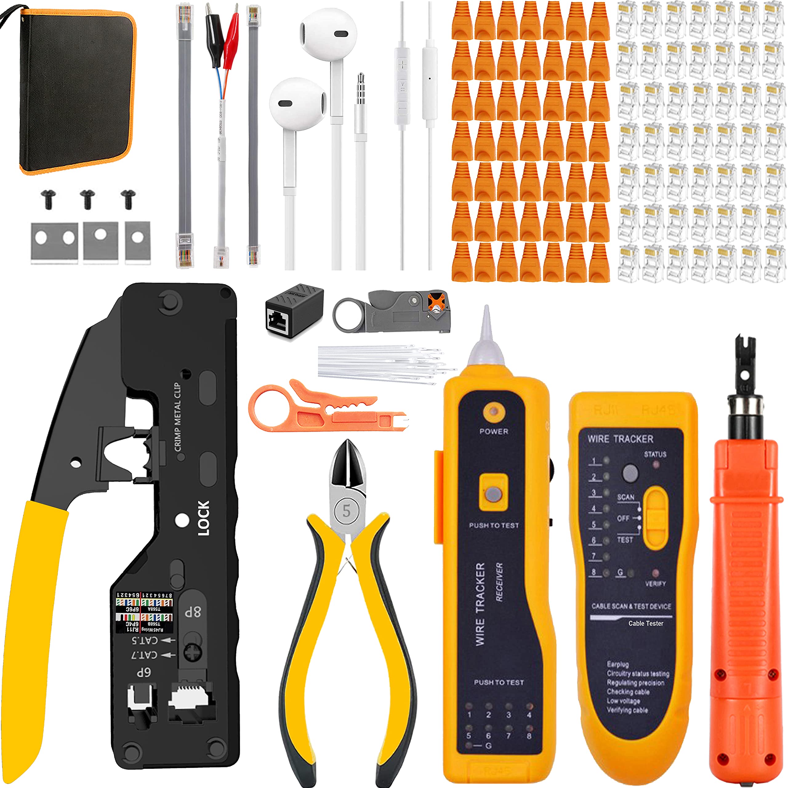 MAYLINEE - Pince à sertir réseau professionnelle RJ45 - Pour RJ11, Cat7, Cat6a, Cat6, Cat5 - Kit de testeur de câbles - Kit de pince à sertir RJ45 - Jaune