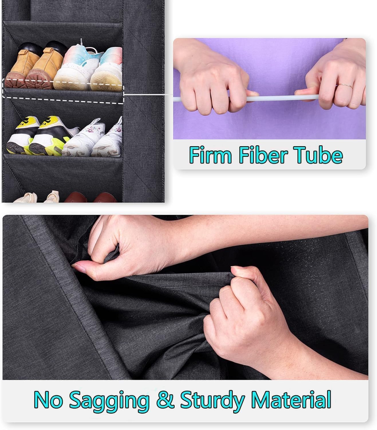 MISSLO Scarpiera porta da appendere per armadio, organizer corto per scarpe con grandi tasche profonde, sottile sopra la porta, per stivali in camper, dormitorio, nero