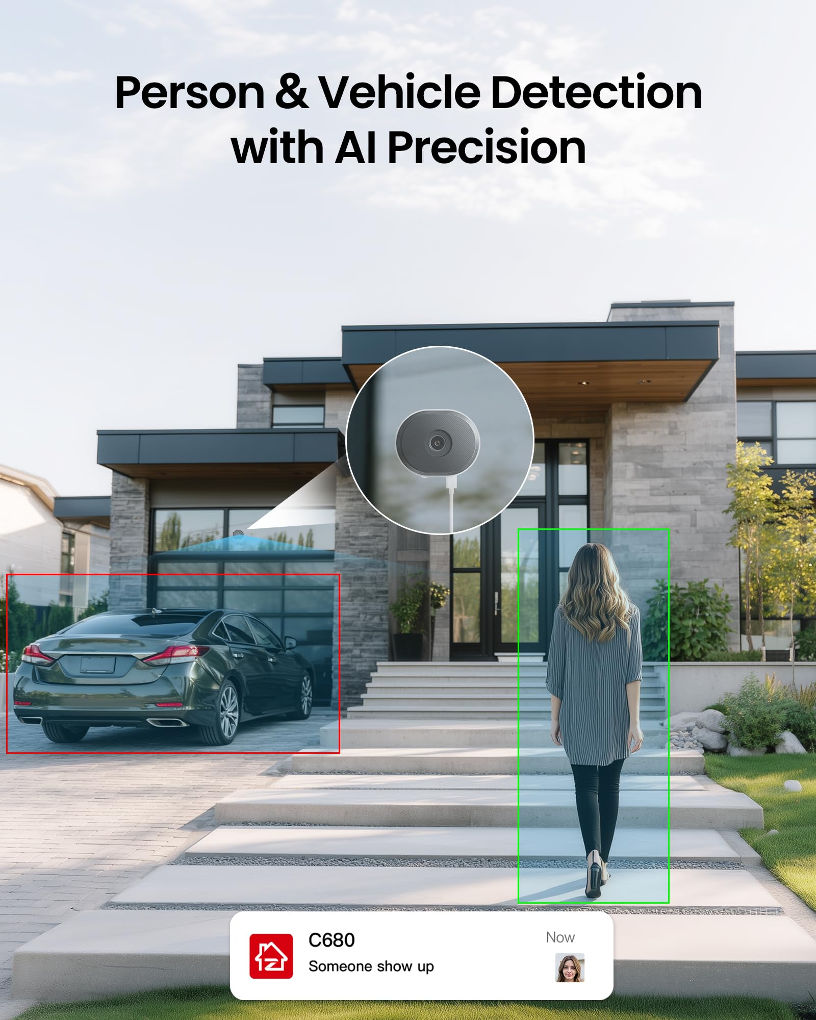 ZOSI 2 telecamere di sicurezza 2K C680 con visione notturna a colori da 3 MP, telecamera di sicurezza WiFi interna con spina domestica, rilevamento veicoli umani, WiFi 2,4/5 GHz, registrazione 24/7
