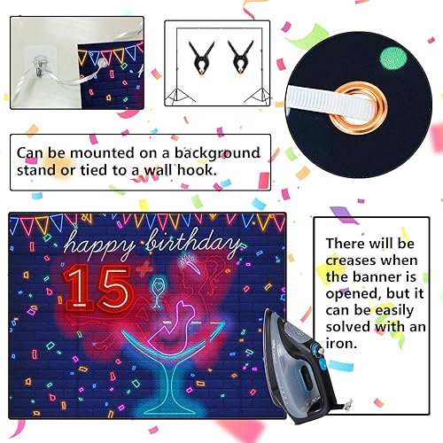 Miniatura 5 de Cartel de neón con texto en inglés Happy 15 Birthday Girl Happy 15 Birthday Banner Cheers to 15 años de tacón alto, maquillaje para decoración de