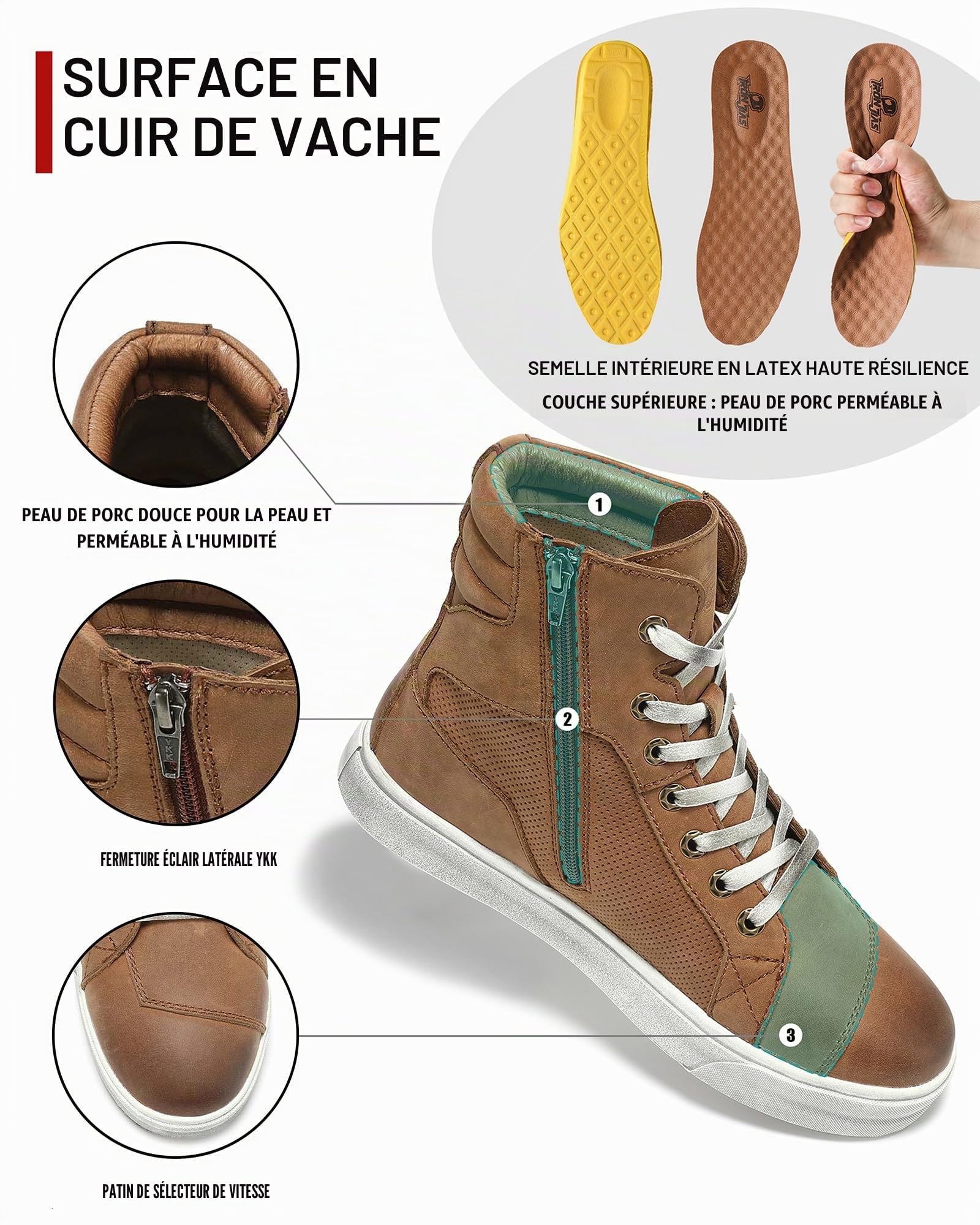 BORLENI Chaussures Moto Hommes Cuir Bottes Moto | Respirant Décontractées, Fermeture à Glissière avec cCoussinet de Vitesse, Semelle Antidérapante Marron 40-46
