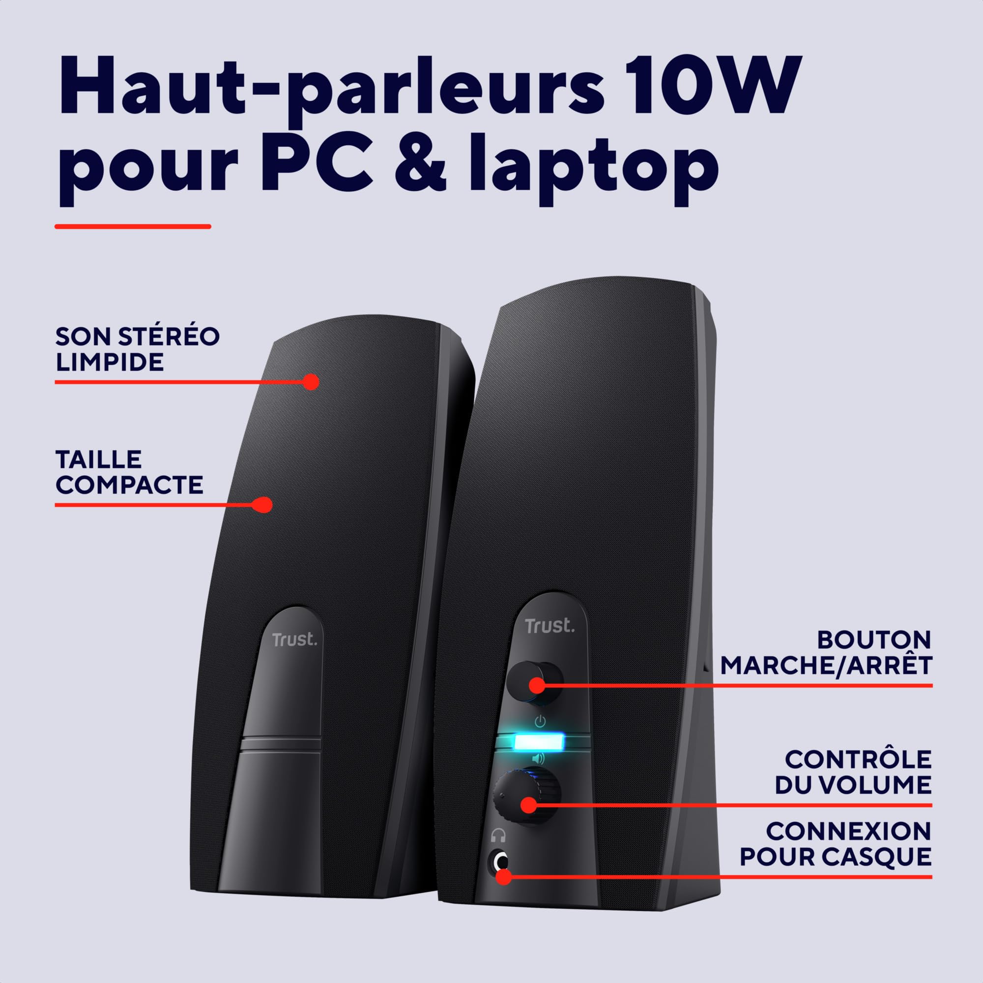 Trust Almo Enceinte PC 2.0,10 Watt (5W RMS), Alimentation USB, Aux Jack 3,5 mm, Enceintes Stéréo, Haut-Parleur pour PC, Ordinateur, Ordinateur Portable - Noir