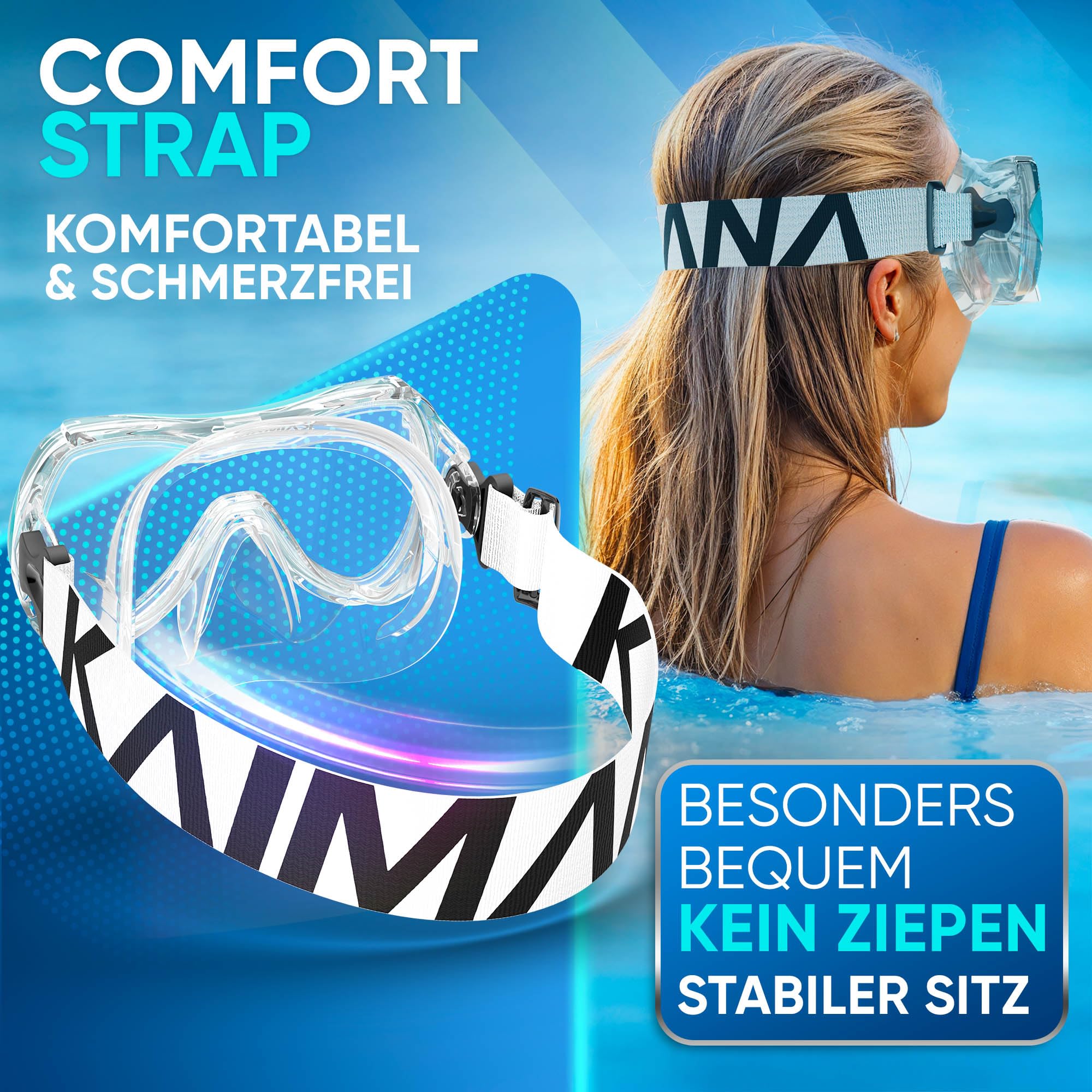 Das Neue KAIMANA® AquaVision Elite Schnorchelset für Erwachsene inkl. Tragetasche, Bequeme Taucherbrille Erwachsene, Alternative zur Schnorchelmaske, Taucherbrille mit Stoffband/Silikonstrap