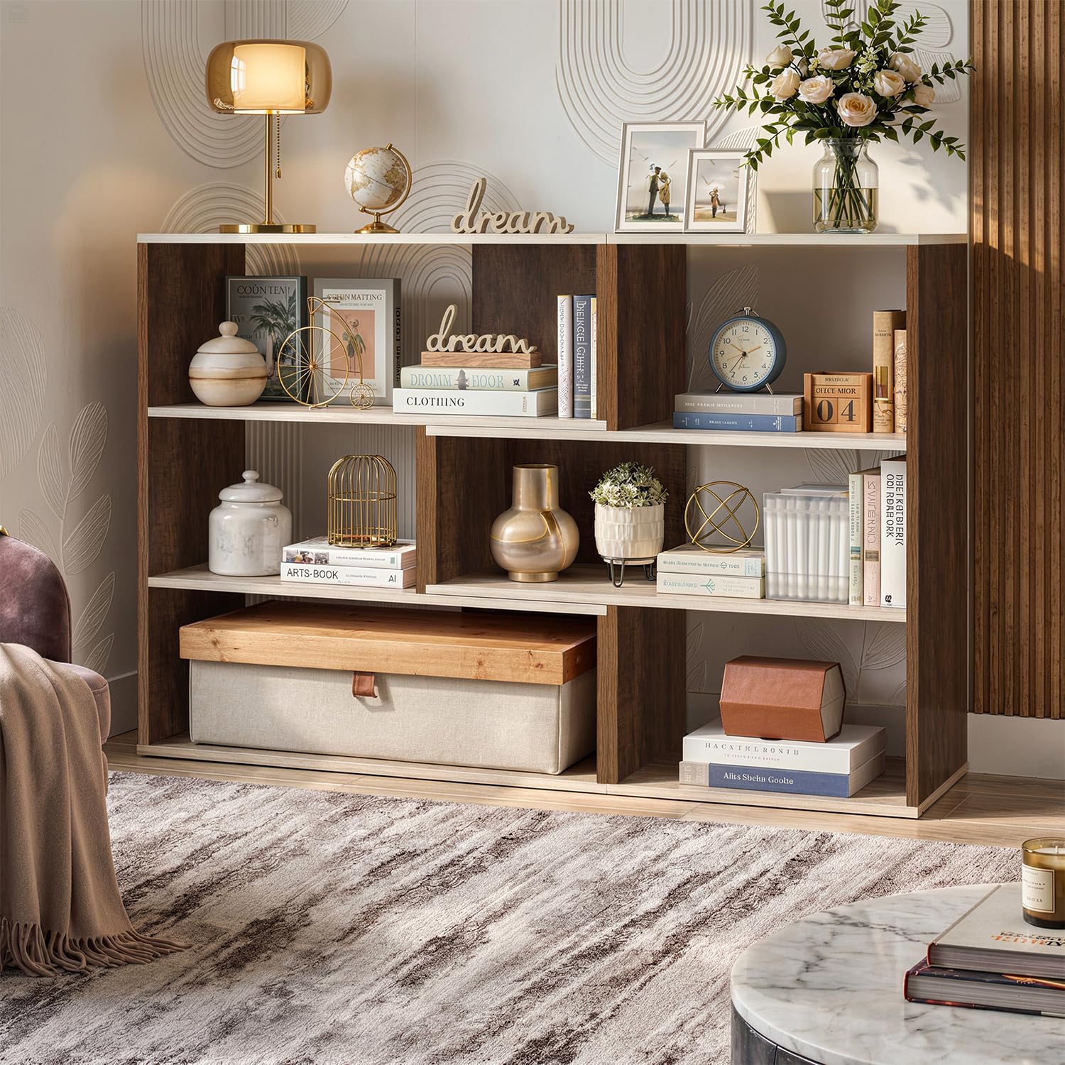 ABOUT SPACE Book Shelf for Home Library-Rectangle/L-Shaped Rack for Storage 2 Ways 6 Compartment Book Stand Shelf for Bedroom, Livingroom Decor, Plants and Books (Oak White&Walnut-L128 x B30 x H85 cm)-image-41