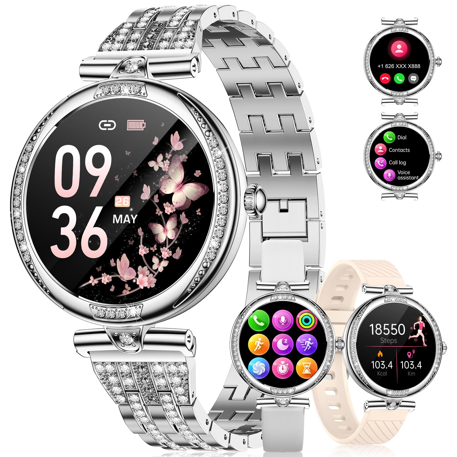 Reloj Inteligente Mujer con Llamadas Bluetooth, Pantalla AMOLED 1.19" HD,Monitor de Ritmo Cardíaco y Sueño,SpO2, 100+ Modos Deportivos,IP68 Resistente al Agua,Smartwatch Compatible con Android y iOS