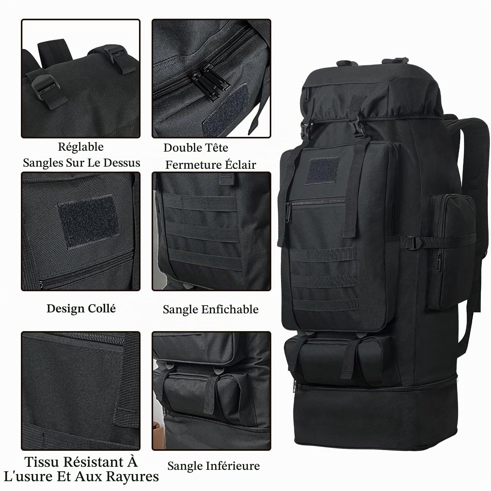 Sac à Dos De Randonnée De Camping 100L, Sac à Dos Tactique Militaire Molle, Sac à Dos De Randonnée Extra Large, Sac à Dos De Voyage, Sacs de Trekking de Camping Résistants à l'eau (Noir)