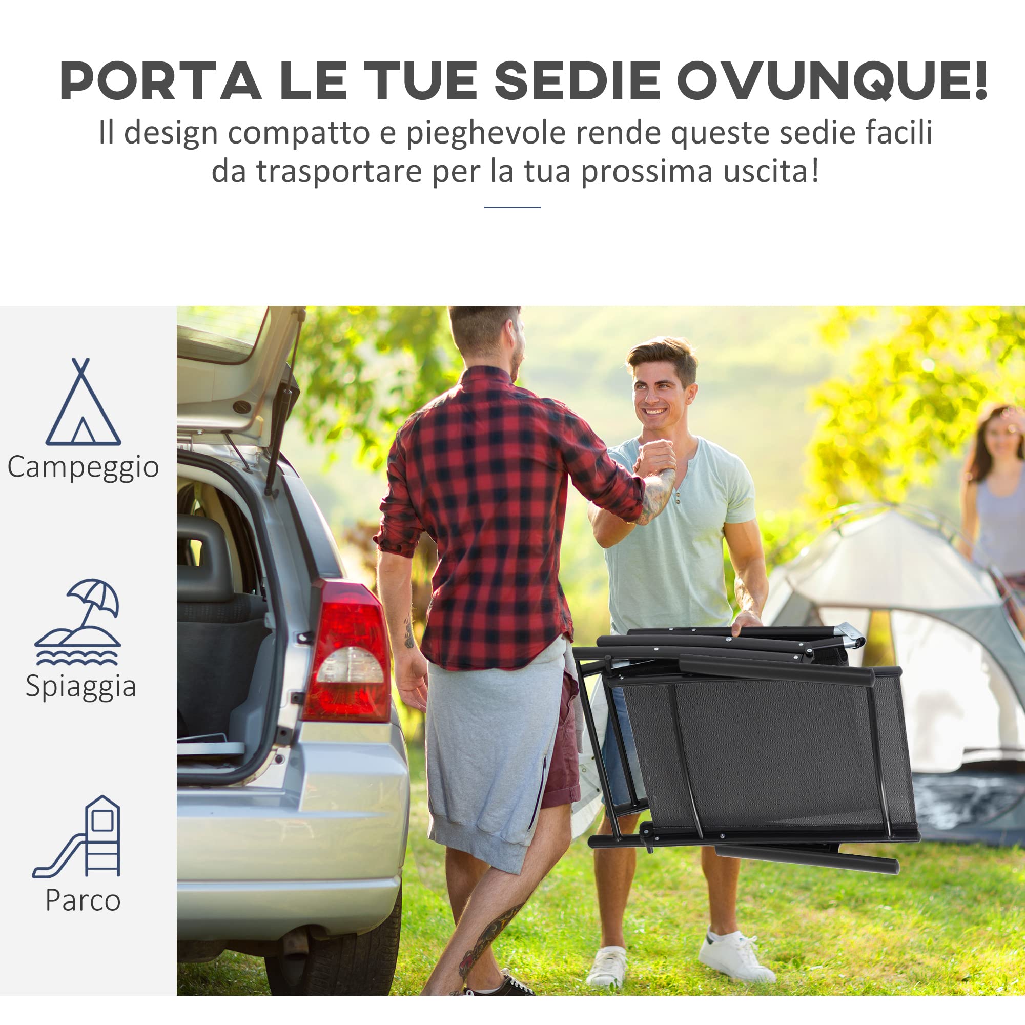 Outsunny Set 2 Sedie Sdraio da Giardino Pieghevoli in 7 Posizioni Nere | Schienale Regolabile, Lettino Prendisole, Sdraio da Spiaggia, Alluminio, Rete Traspirante